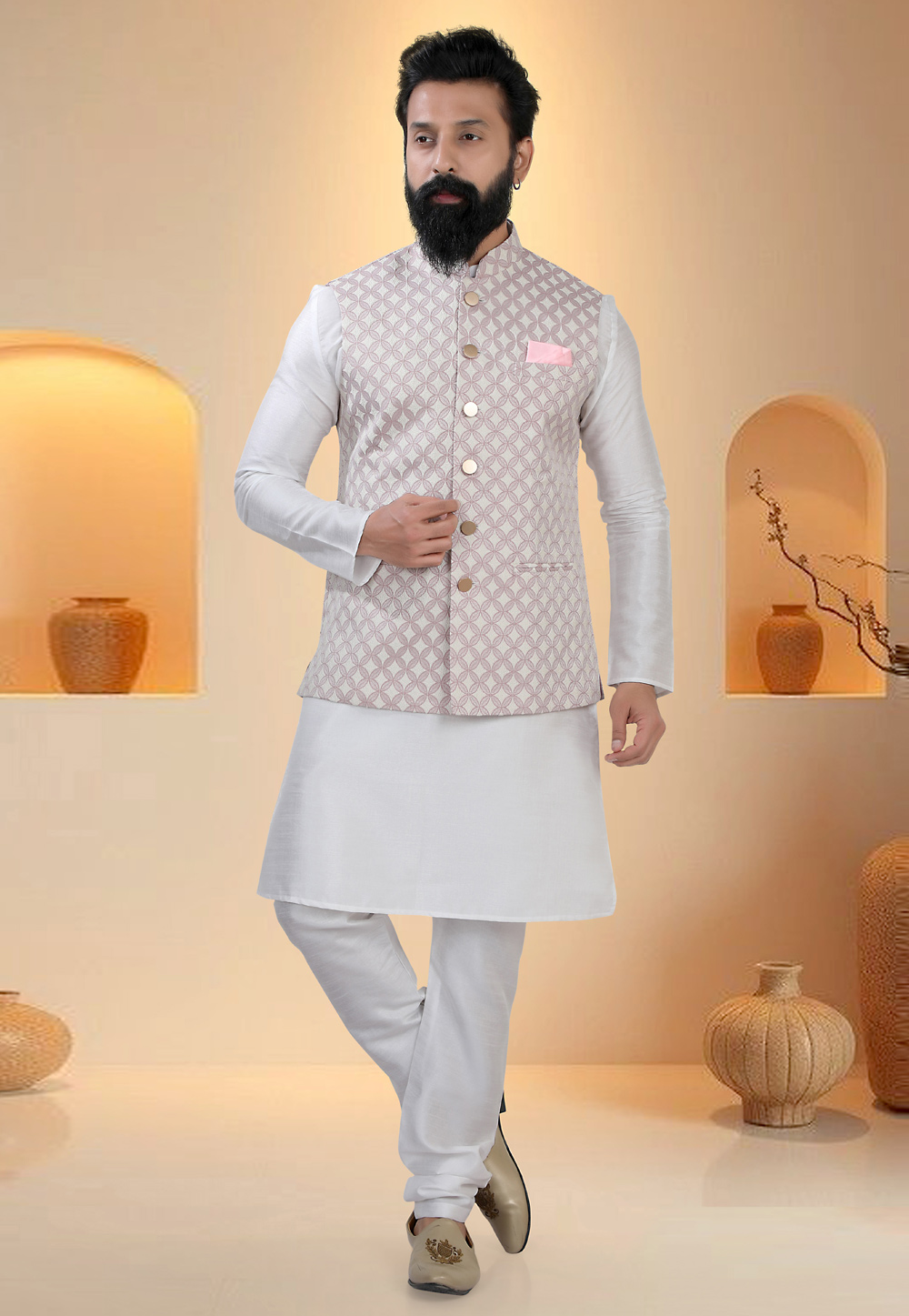 Off White Silk Kurta Pajama With Jacket 321275