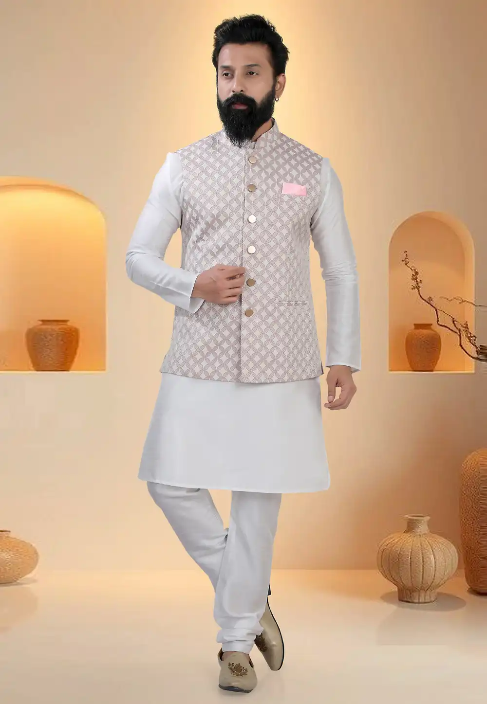 Off White Silk Kurta Pajama With Jacket 321275