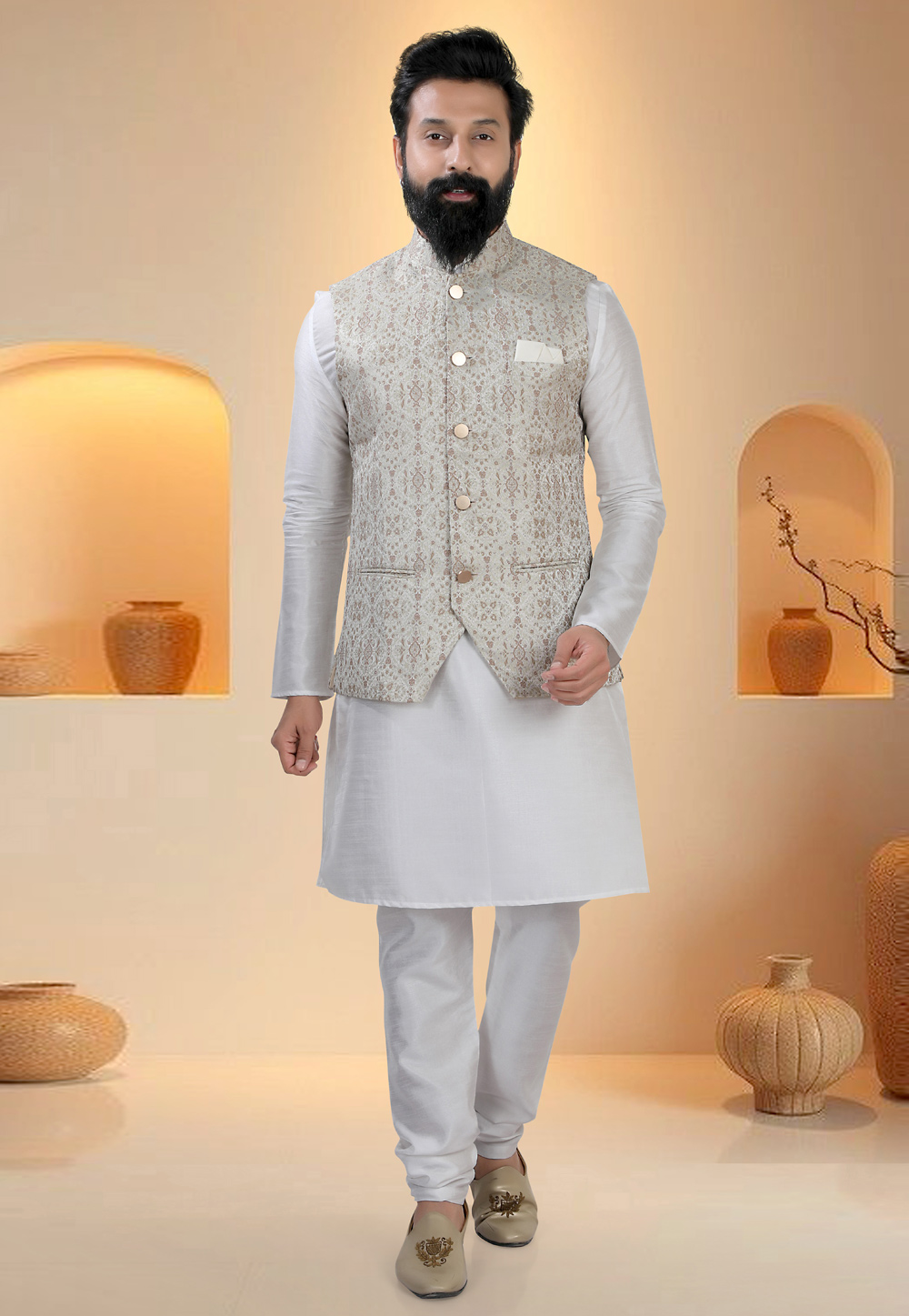 Off White Silk Kurta Pajama With Jacket 321276