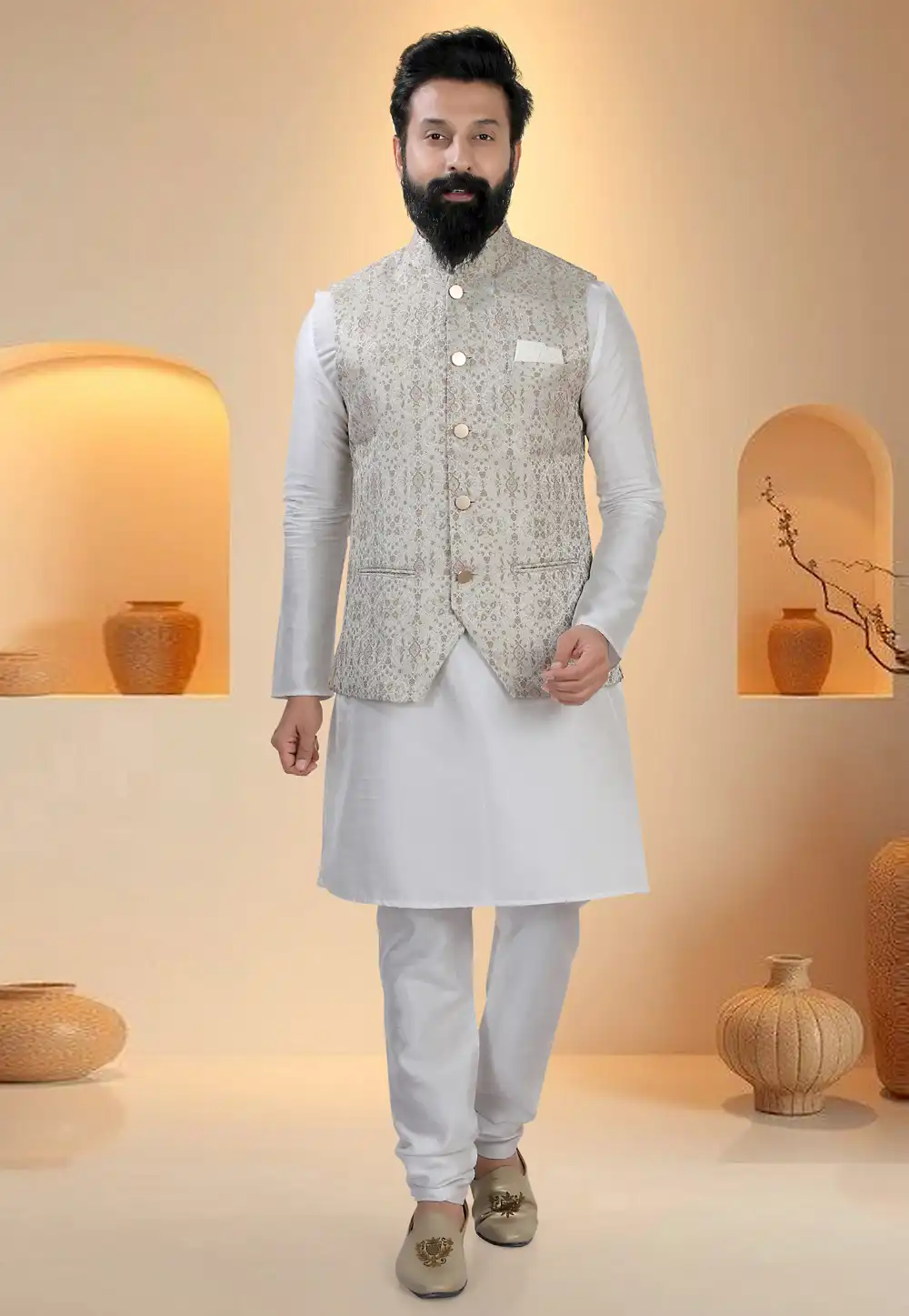 Off White Silk Kurta Pajama With Jacket 321276