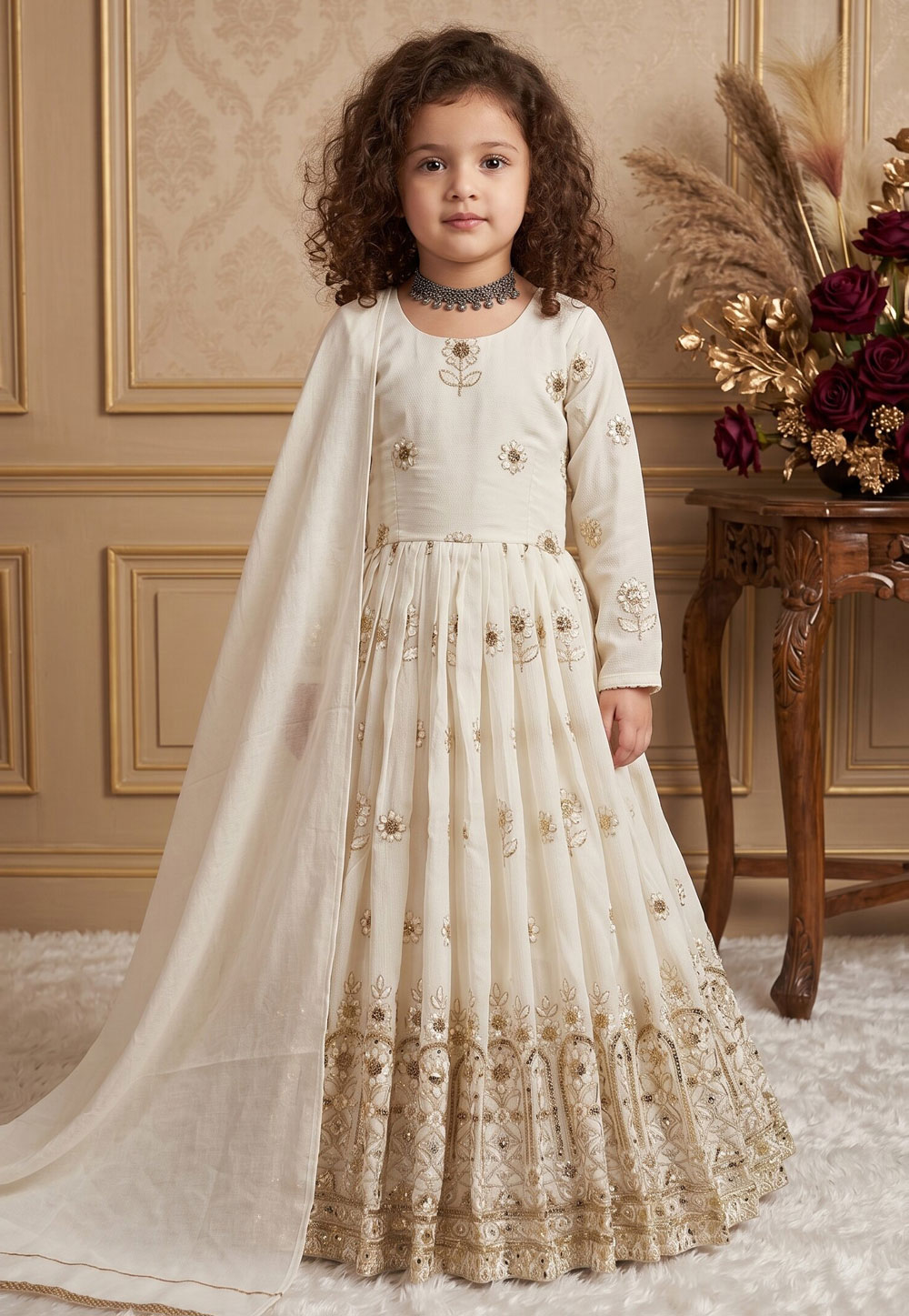 Off White Silk Readymade Kids Gown 329945
