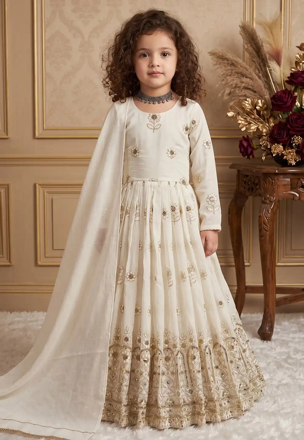Off White Silk Readymade Kids Gown 329945
