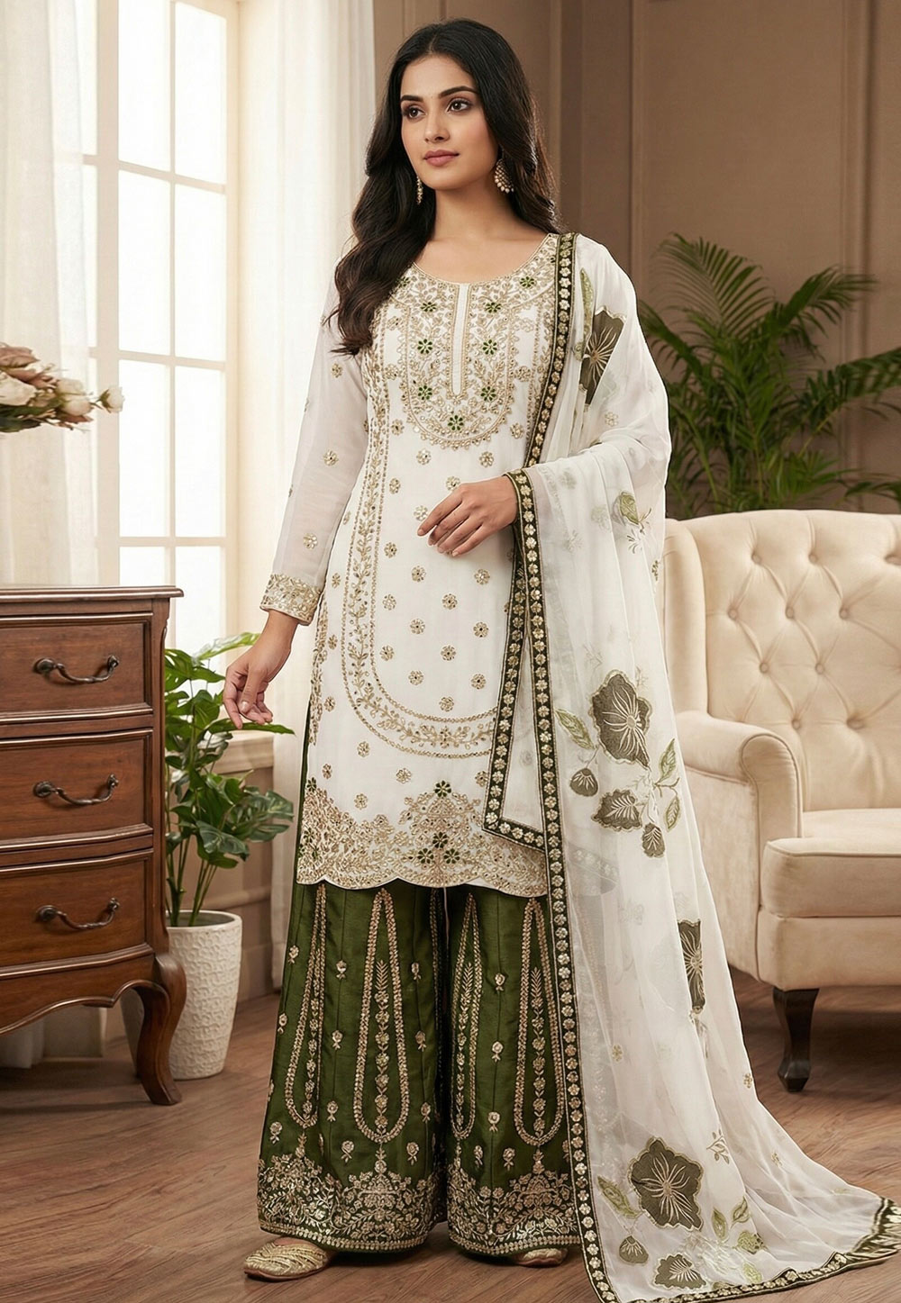 Off White Silk Readymade Pakistani Suit 323631