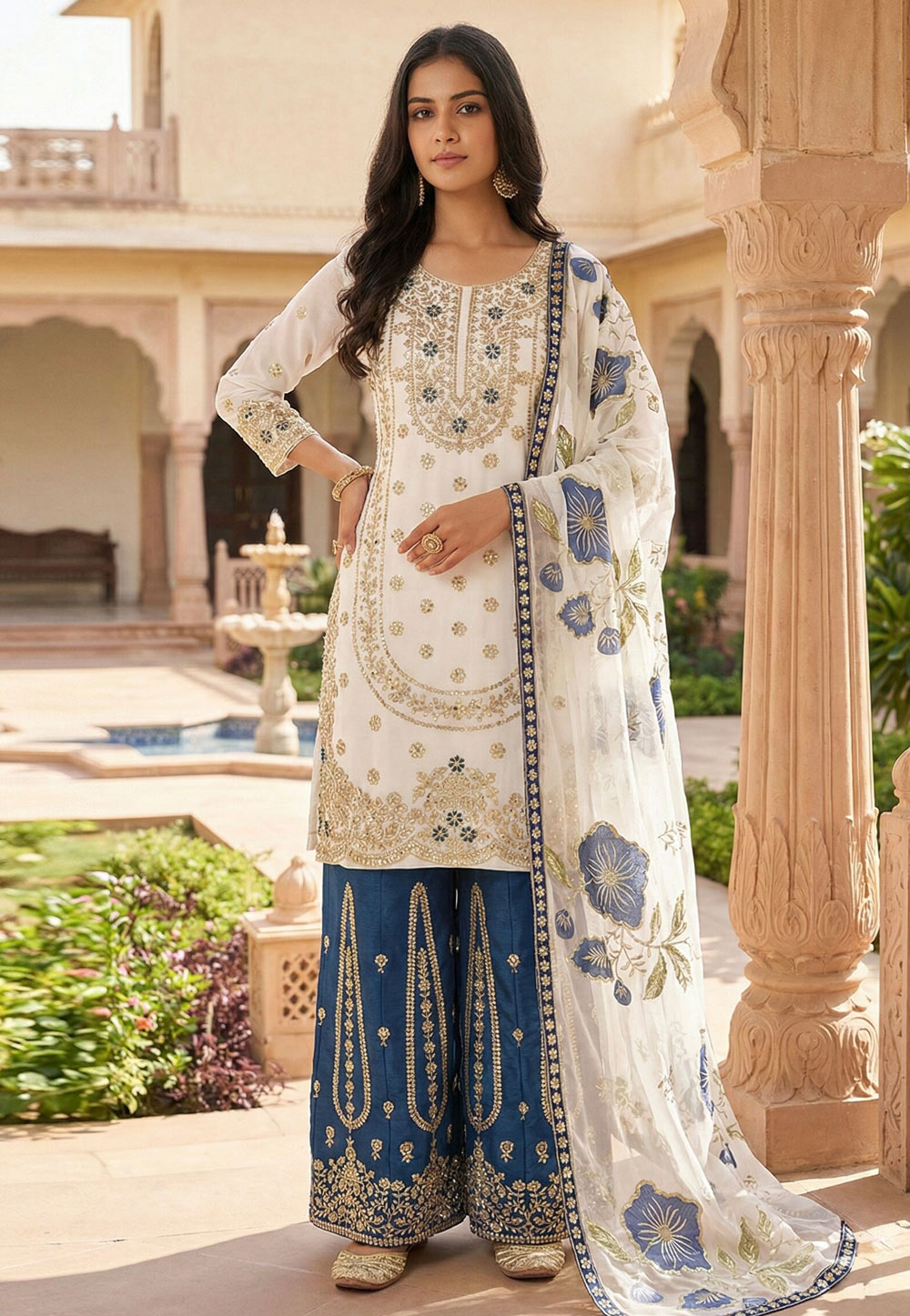 Off White Silk Readymade Palazzo Suit 323630