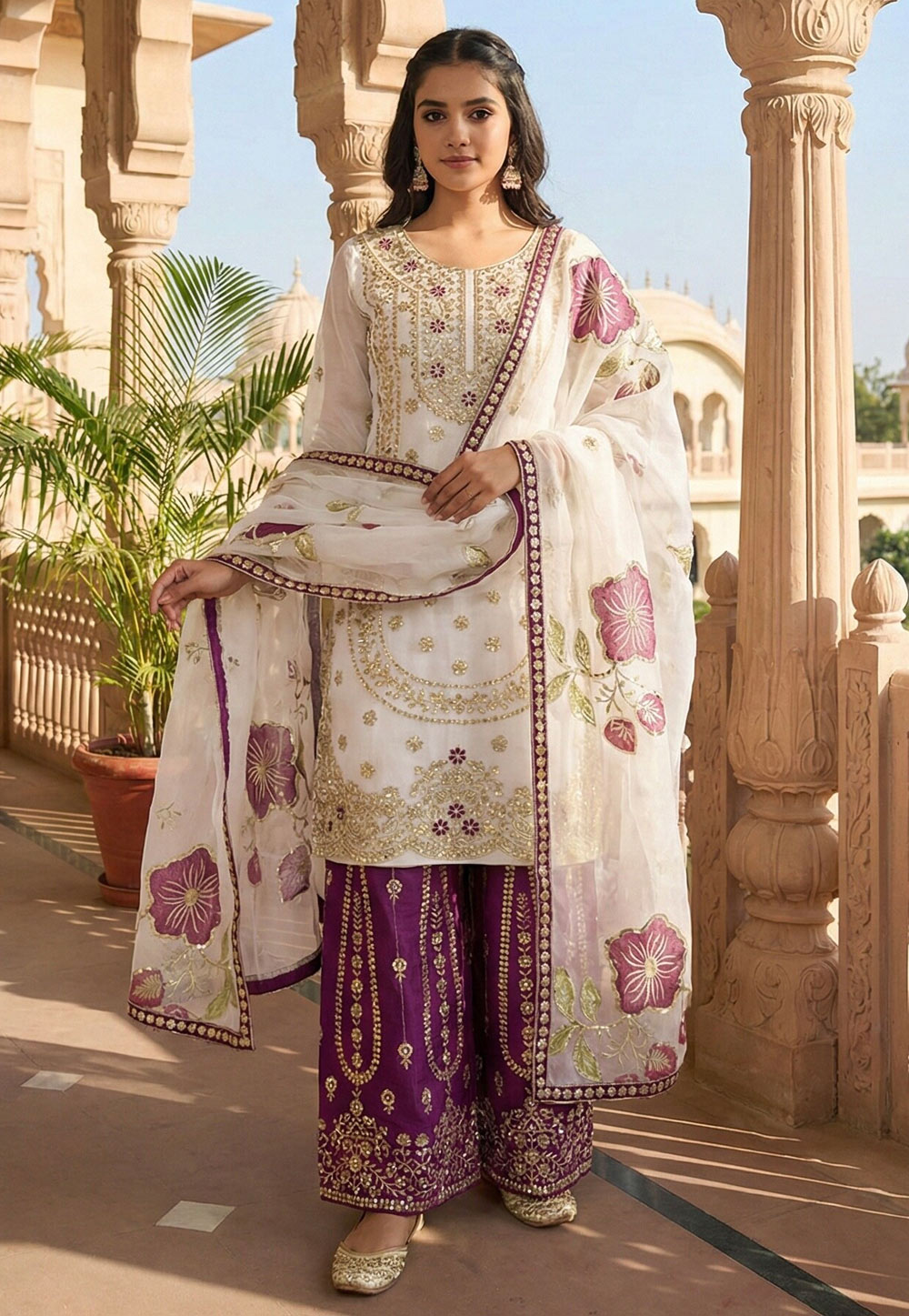 Off White Silk Readymade Palazzo Suit 323632