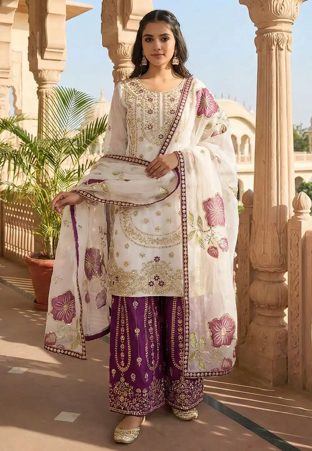 Off White Silk Readymade Palazzo Suit 323632