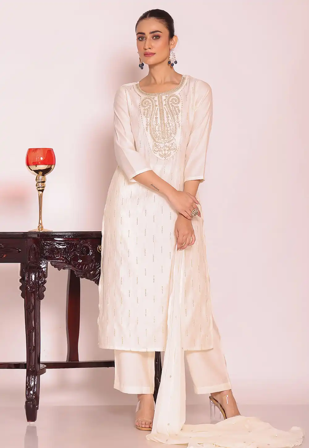 Off White Silk Readymade Pant Style Suit 325519