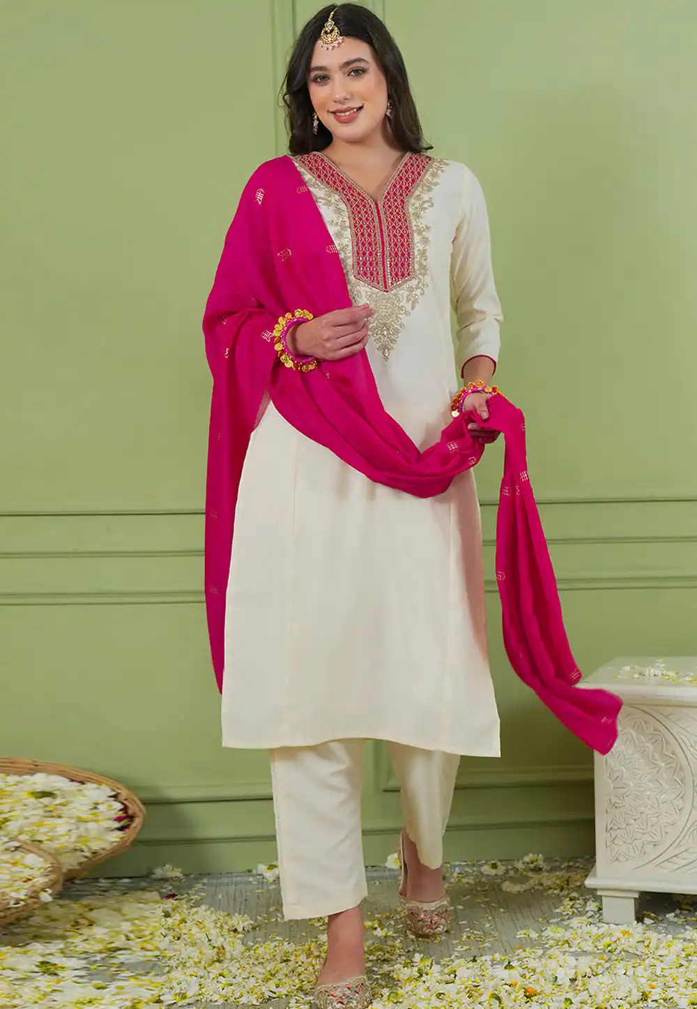 Off White Silk Readymade Pant Style Suit 328789