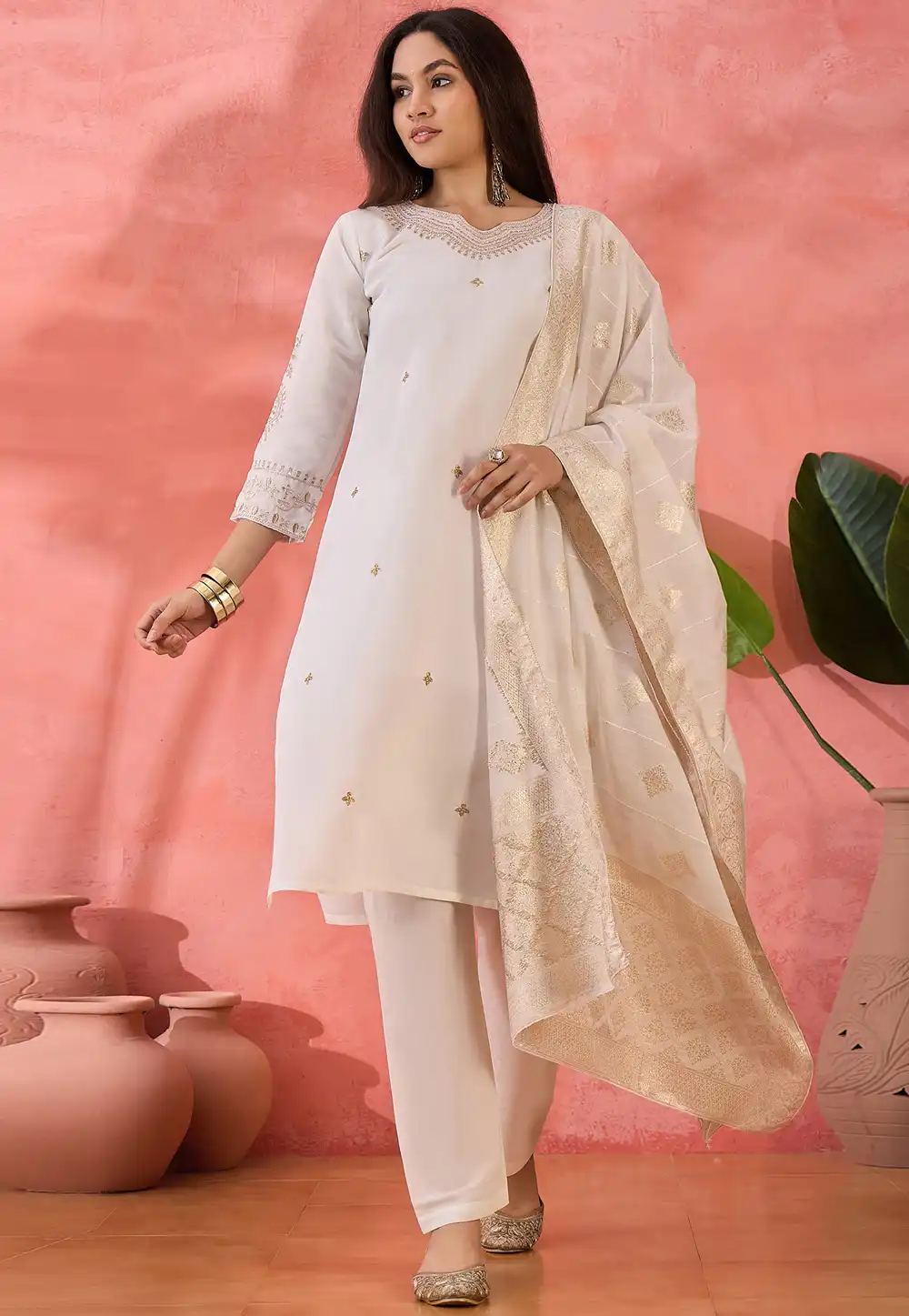 Off White Silk Readymade Pant Style Suit 308383