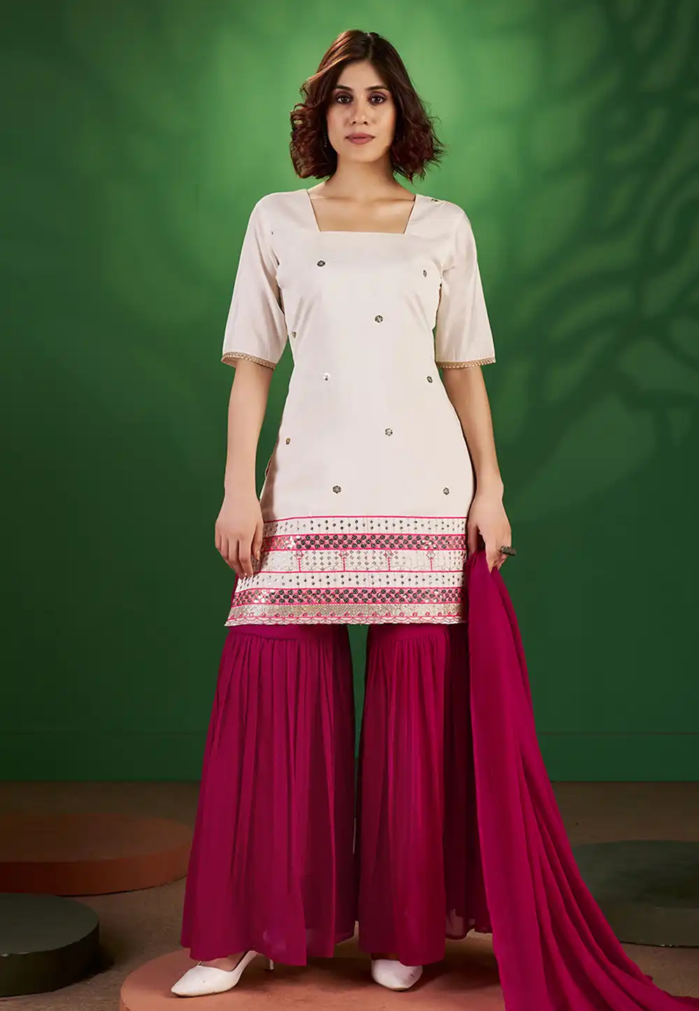 Off White Silk Readymade Sharara Suit 314509