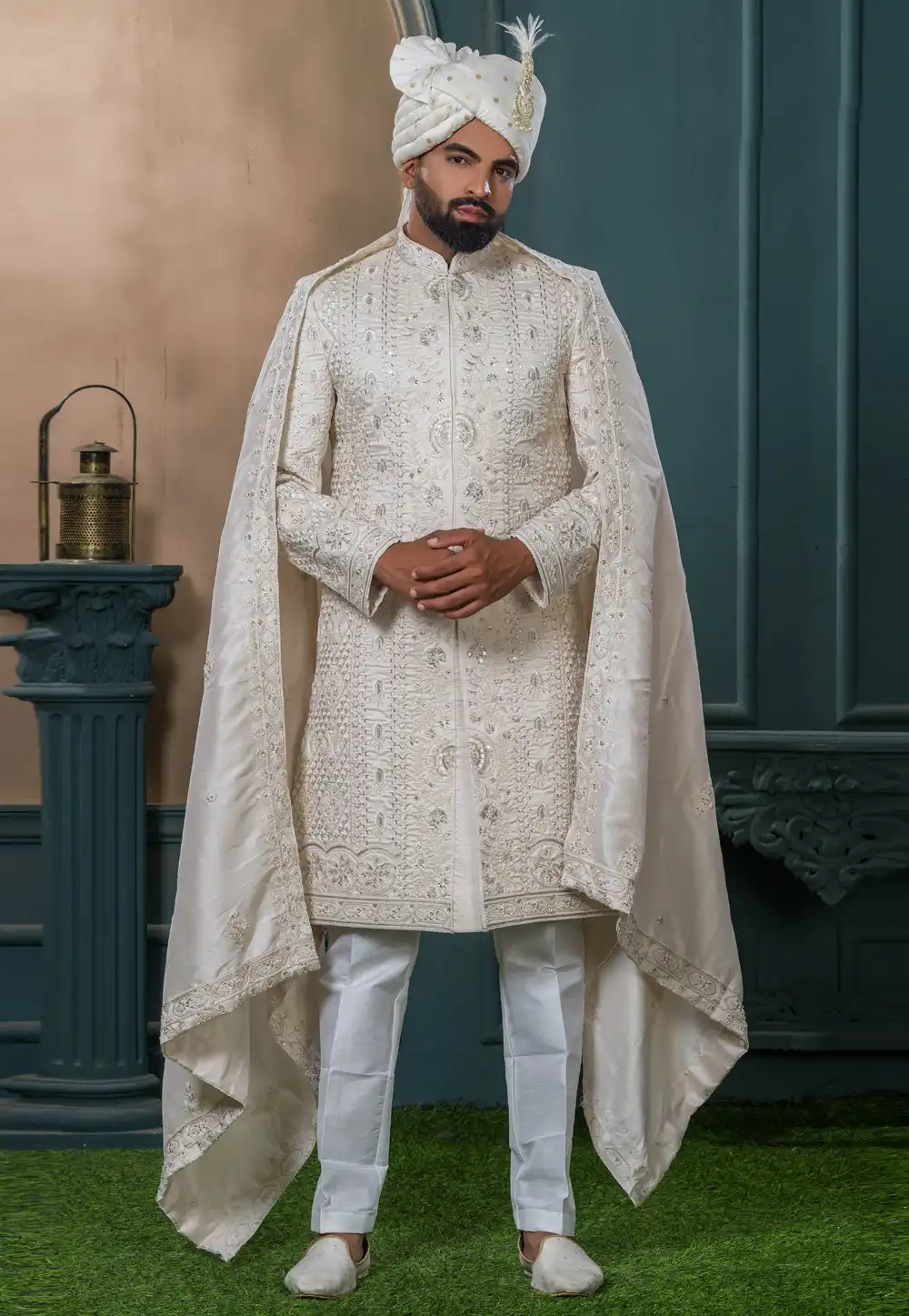 Off White Silk Sherwani 315302