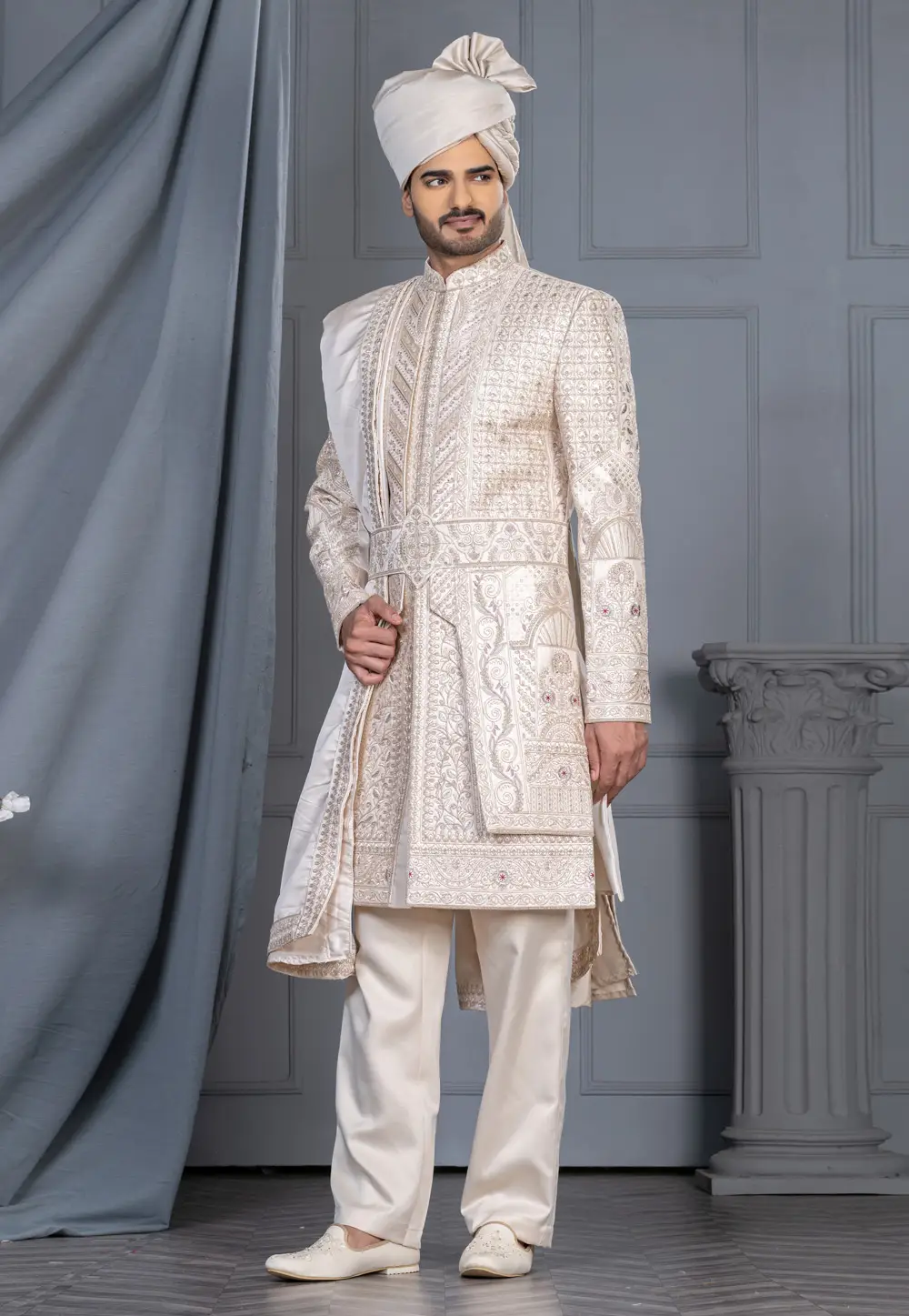 Off White Silk Sherwani 336560