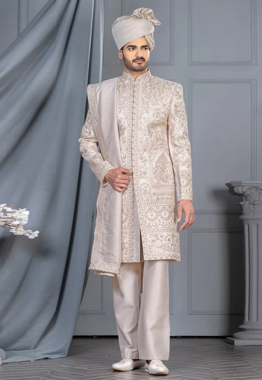 Off White Silk Sherwani 336563
