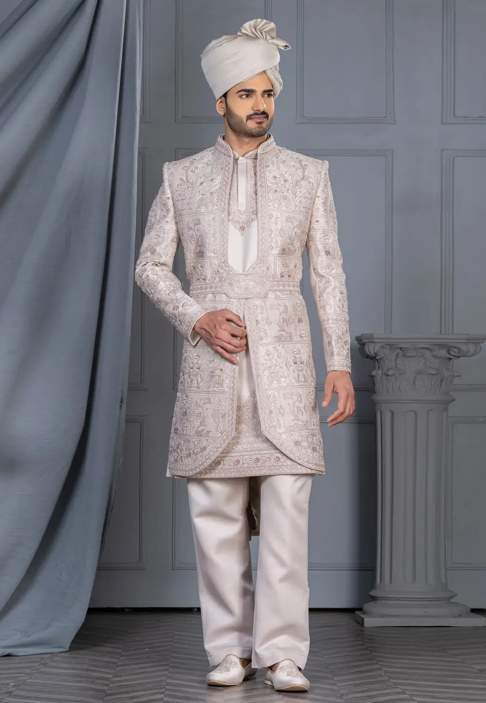 Off White Silk Sherwani 336565