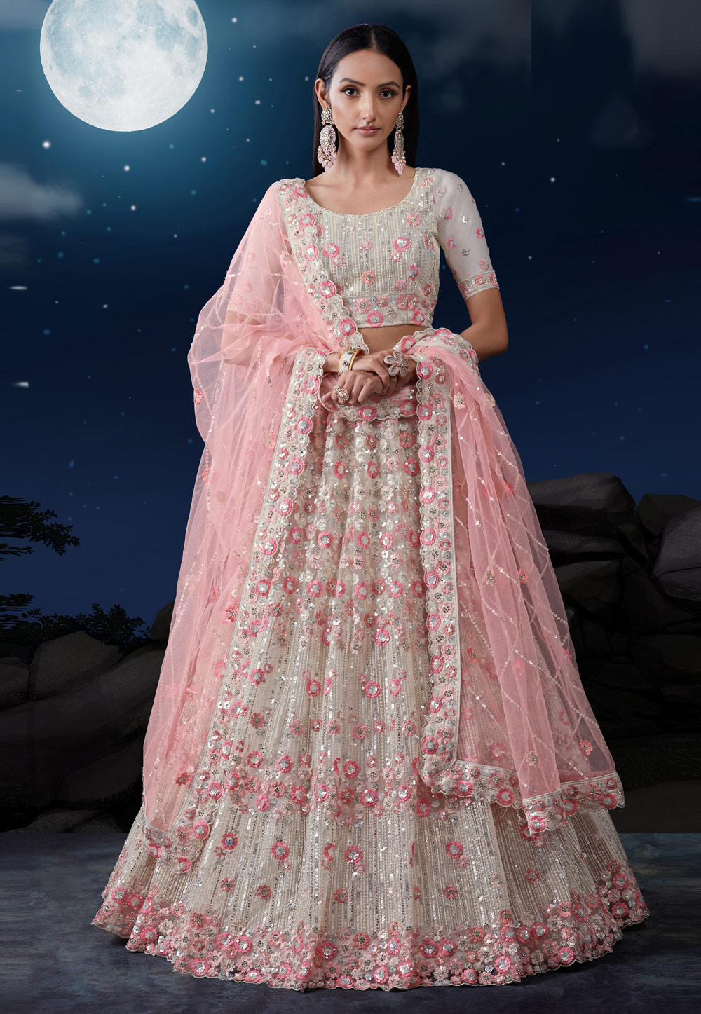 Off White Soft Net Circular Lehenga Choli 282904