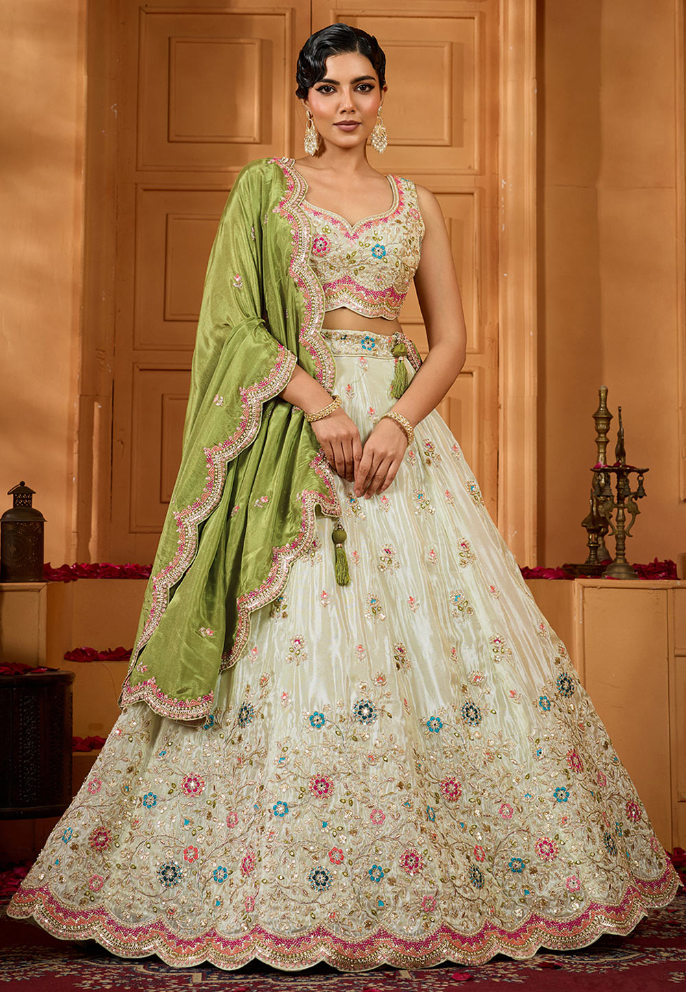 Off White Tissue Circular Lehenga Choli 318085