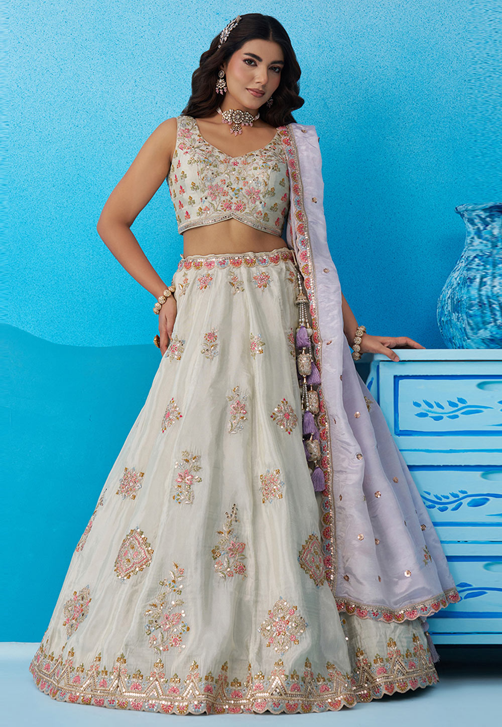 Off White Tissue Lehenga Choli 326140