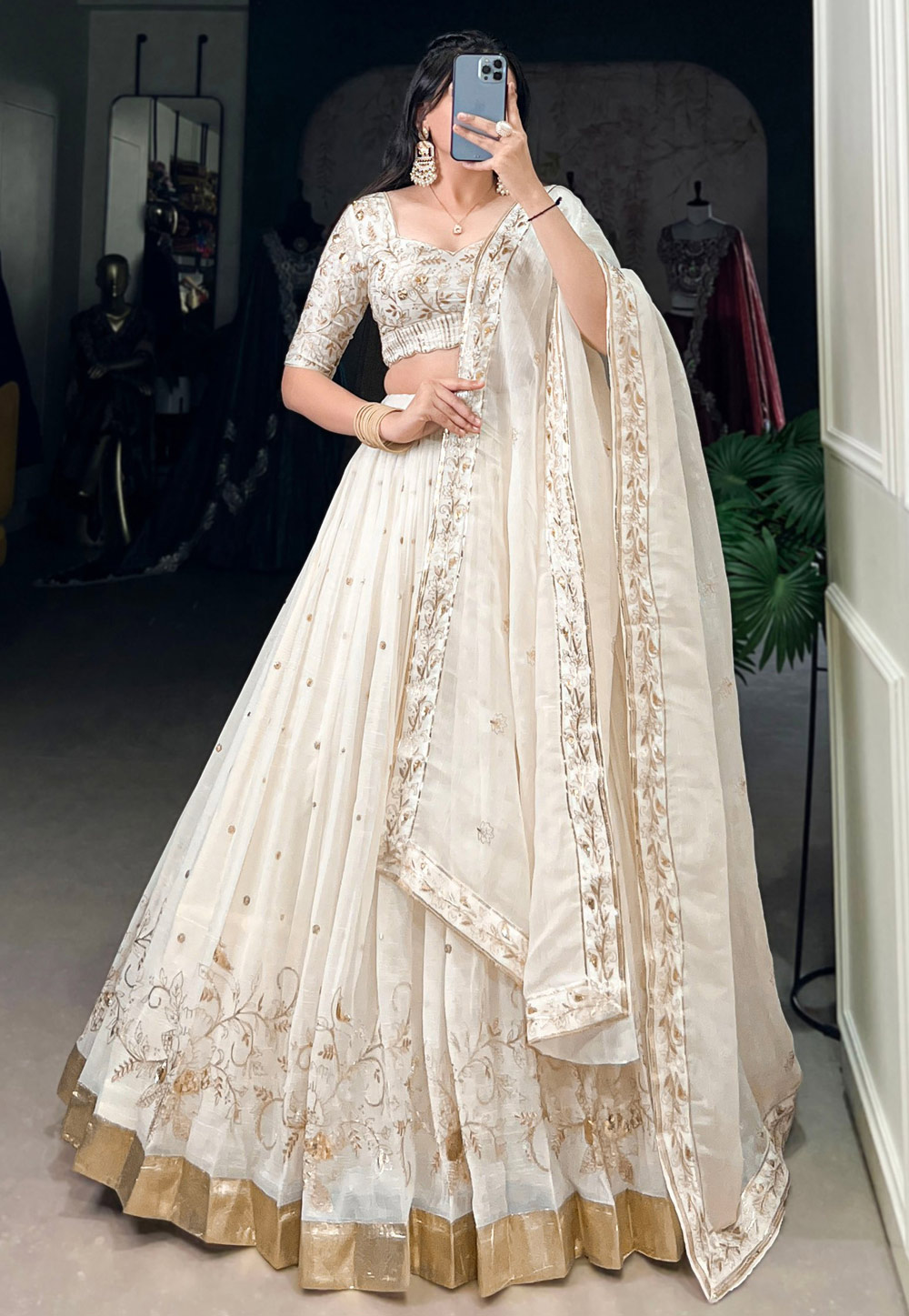 Off White Tissue Silk Circular Lehenga Choli 307888