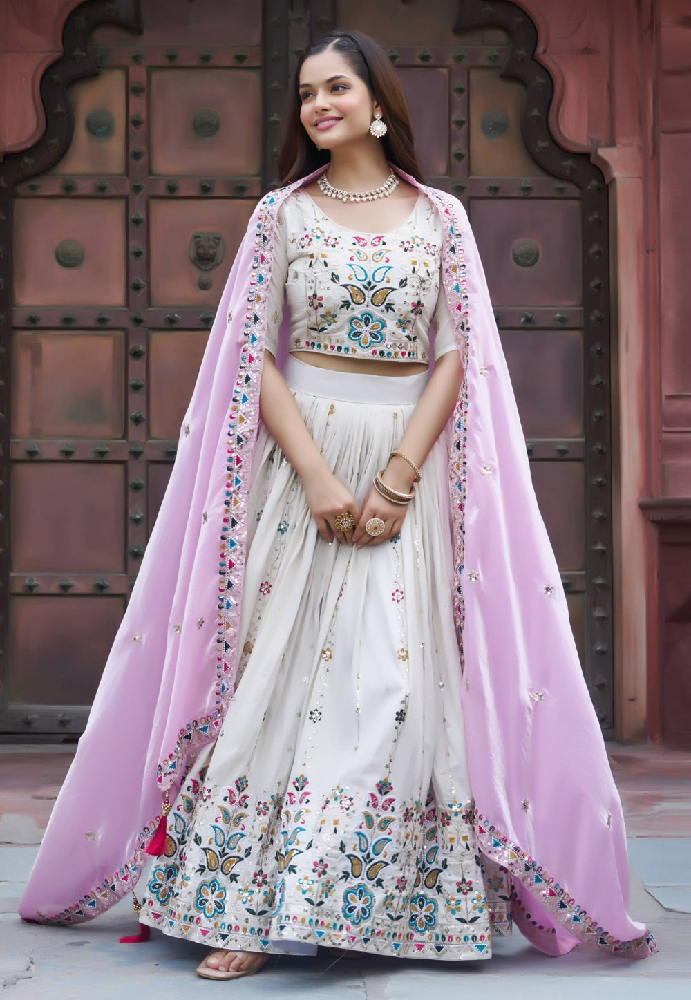 Off White Tissue Silk Circular Lehenga Choli 318410