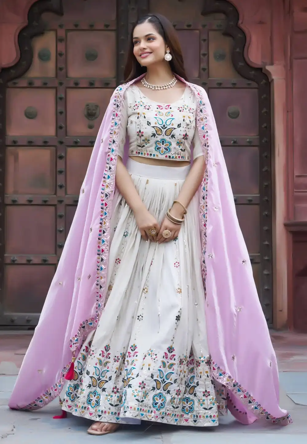 Off White Tissue Silk Circular Lehenga Choli 318410
