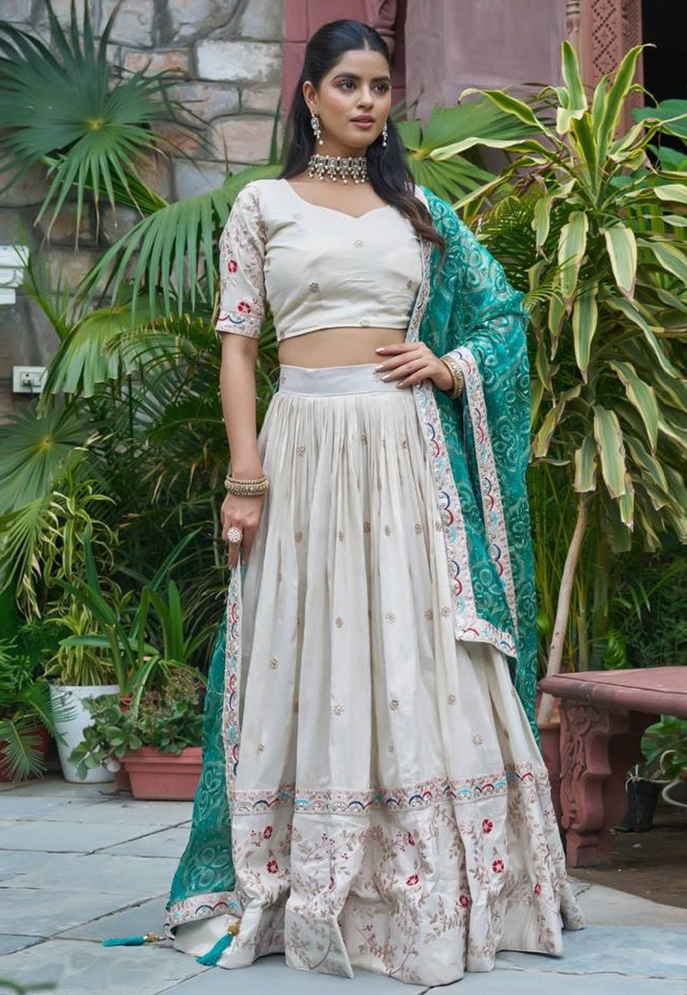 Off White Tissue Silk Circular Lehenga Choli 318549