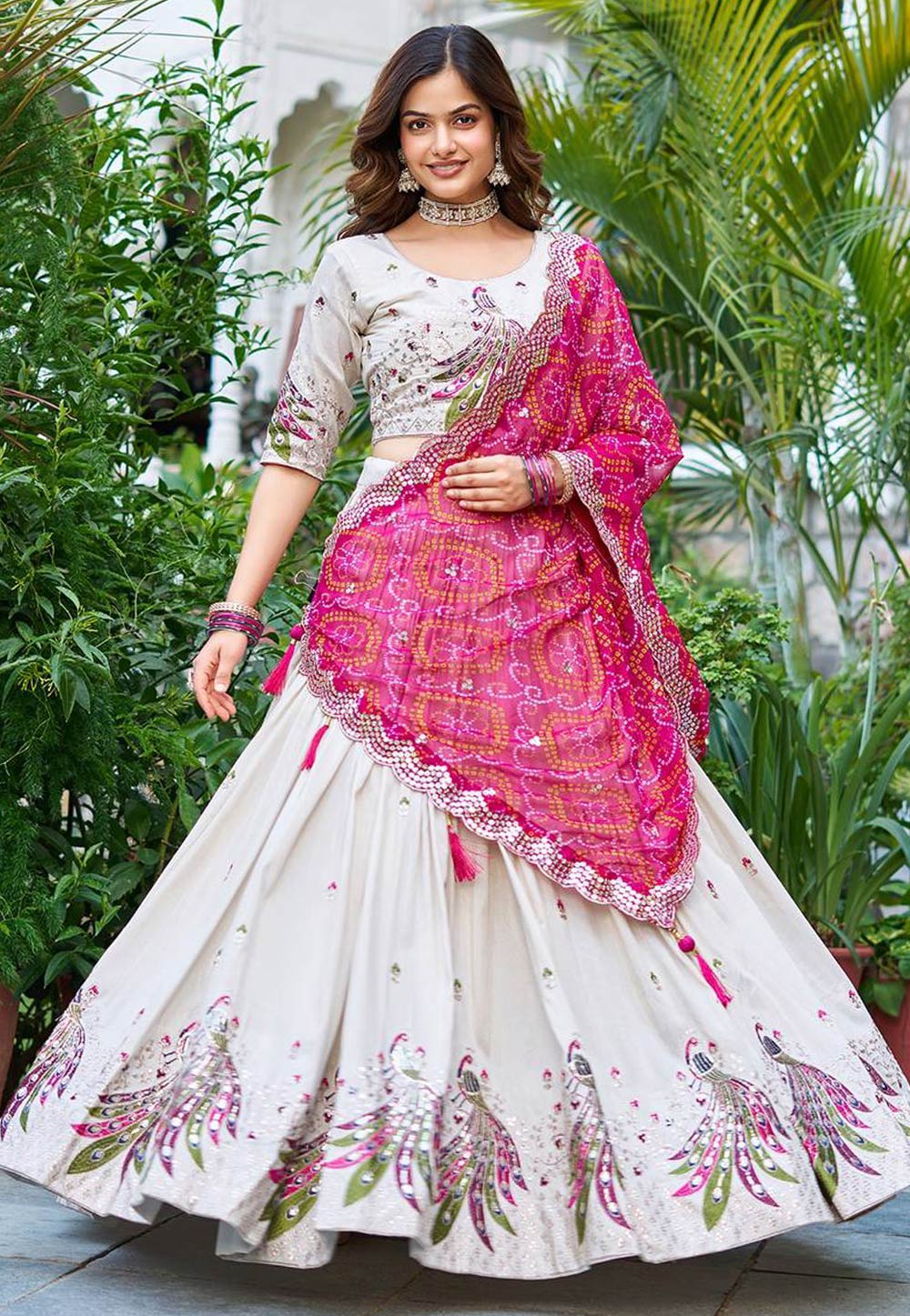 Off White Tissue Silk Readymade Lehenga Choli 309950