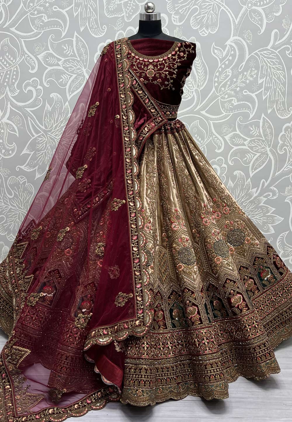 Off White Velvet Bridal Lehenga Choli 280011