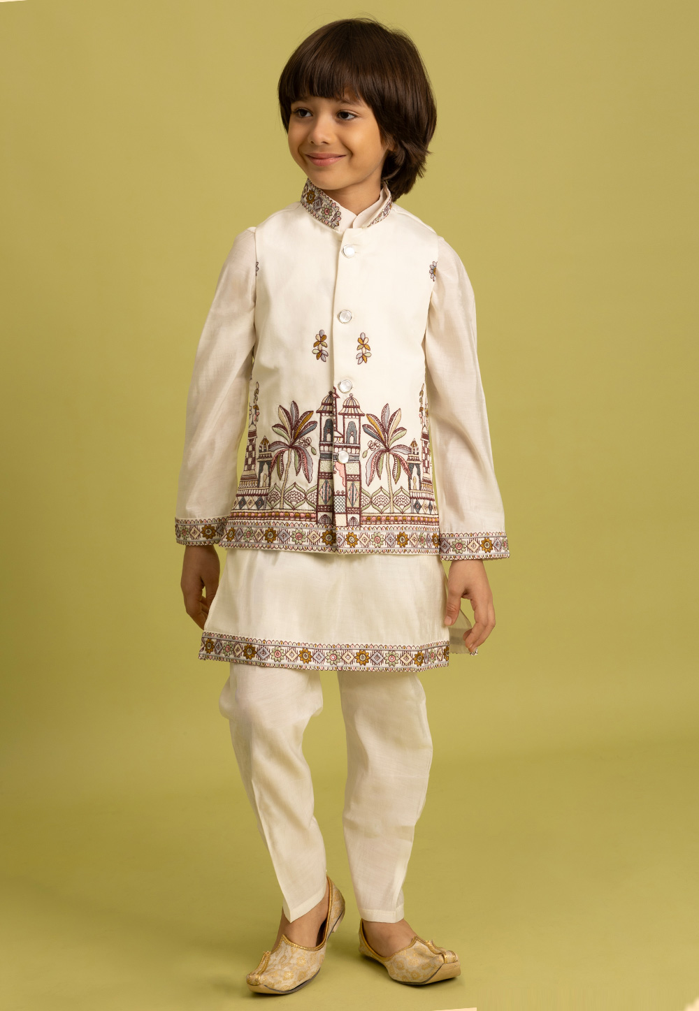 Off White Viscose Kids Kurta Pajama With Jacket 316417