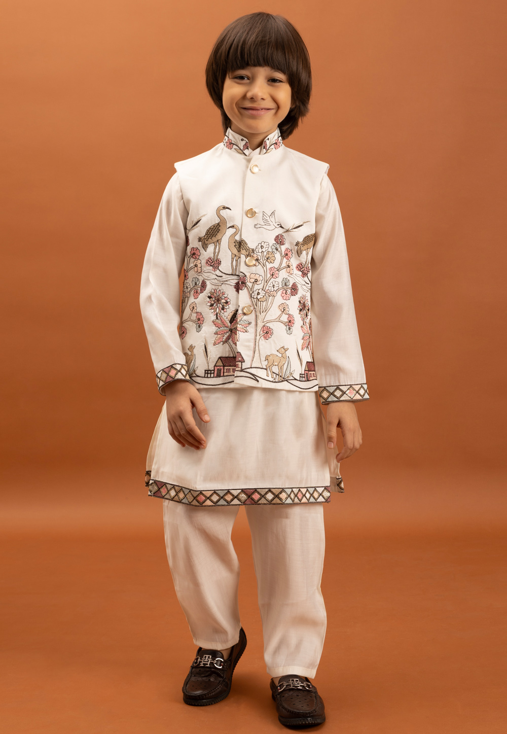 Off White Viscose Kids Kurta Pajama With Jacket 316864