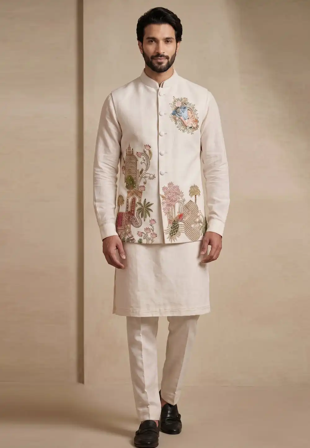 Off White Viscose Kurta Pajama With Jacket 329327