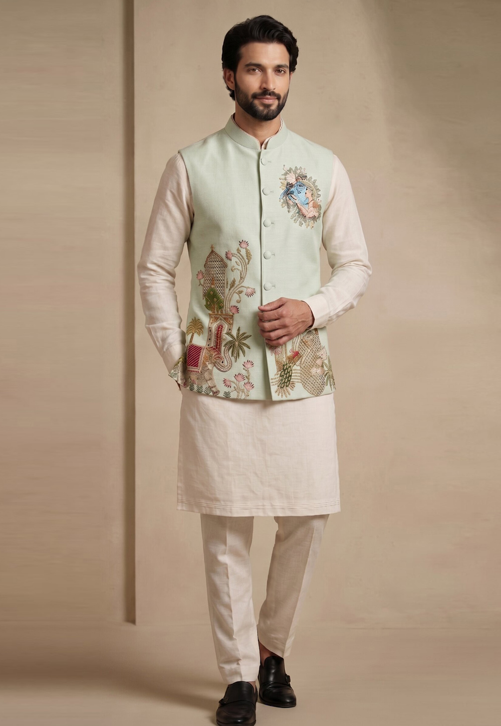 Off White Viscose Kurta Pajama With Jacket 329328