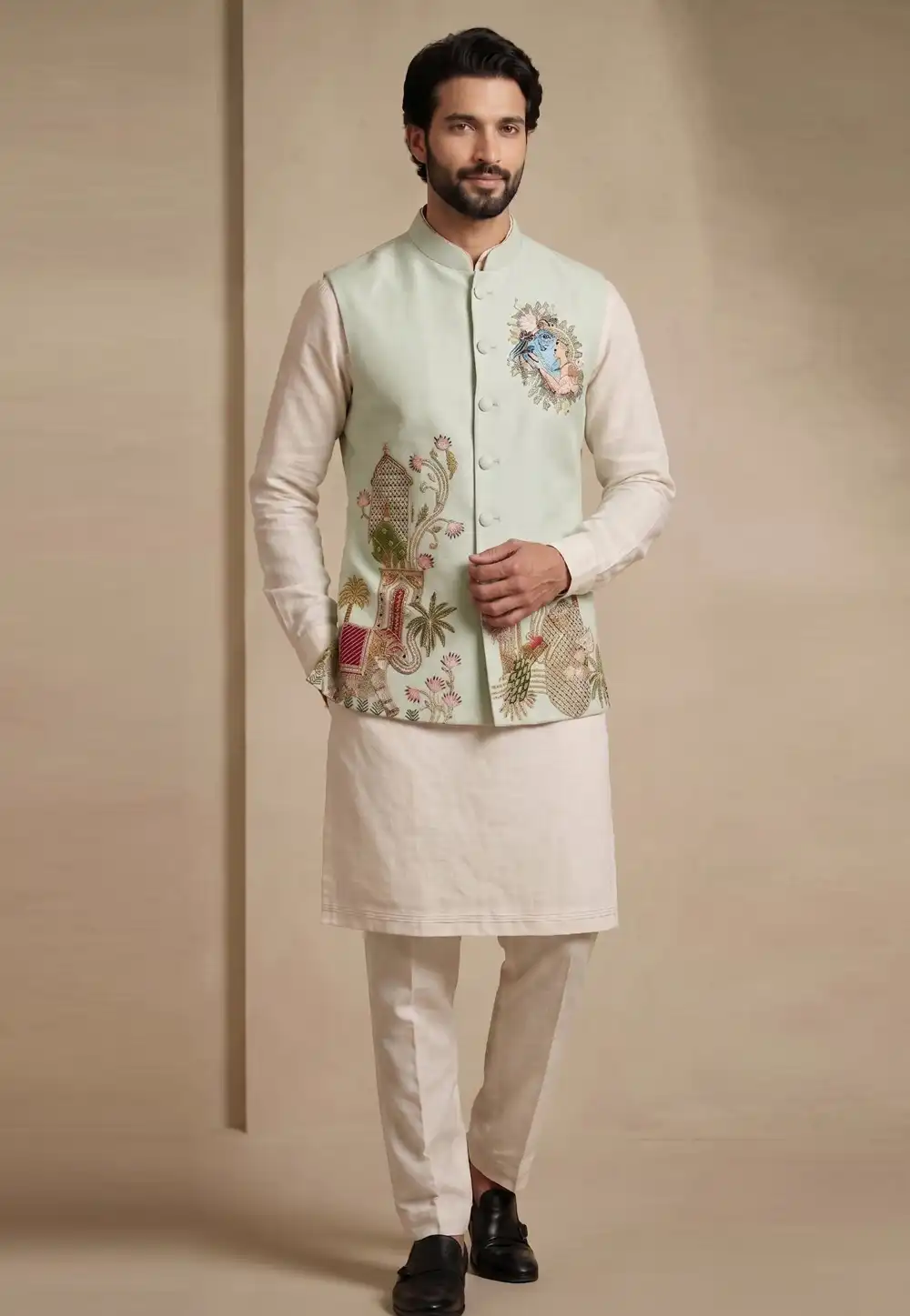 Off White Viscose Kurta Pajama With Jacket 329328