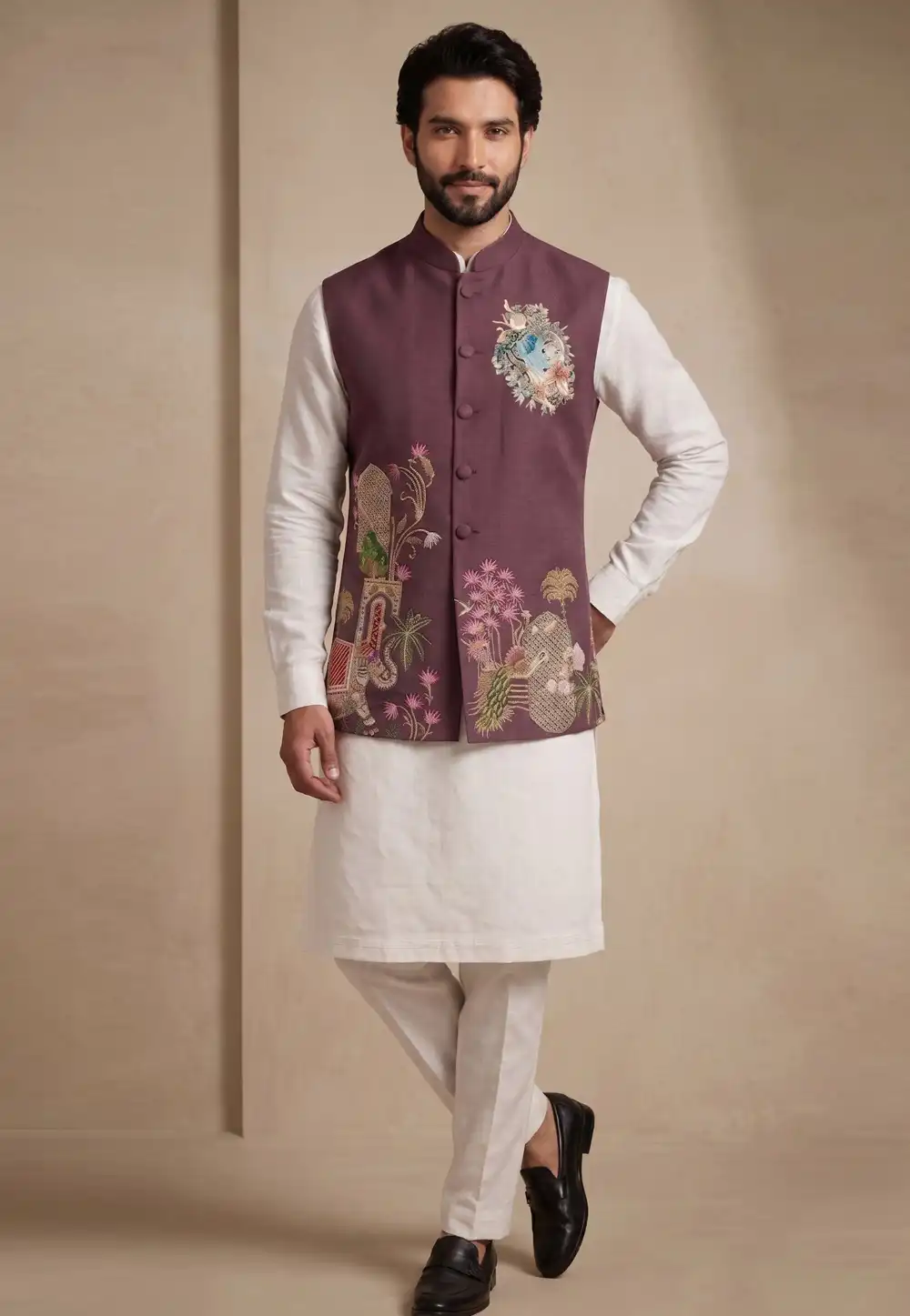 Off White Viscose Kurta Pajama With Jacket 329329