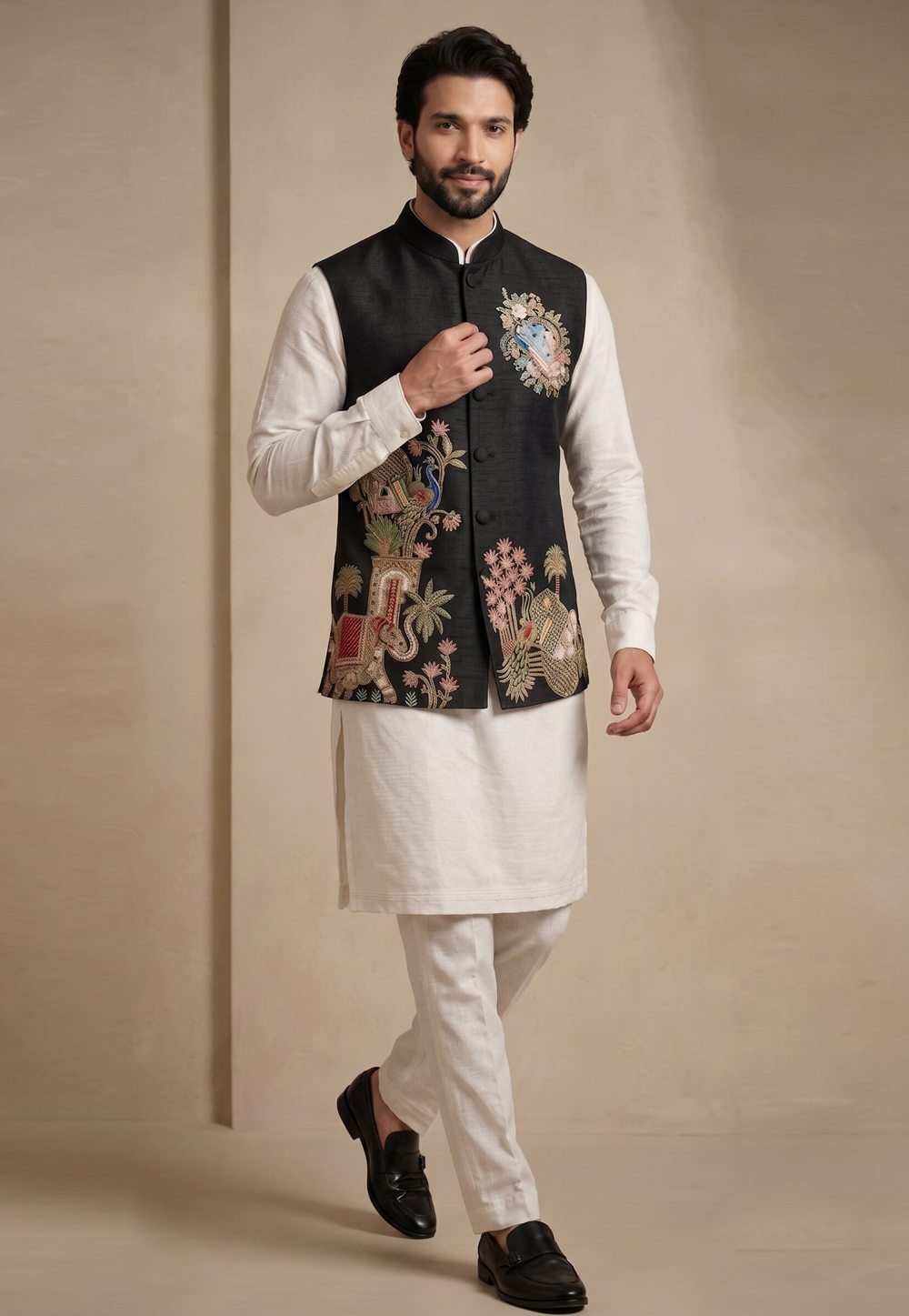 Off White Viscose Kurta Pajama With Jacket 329330