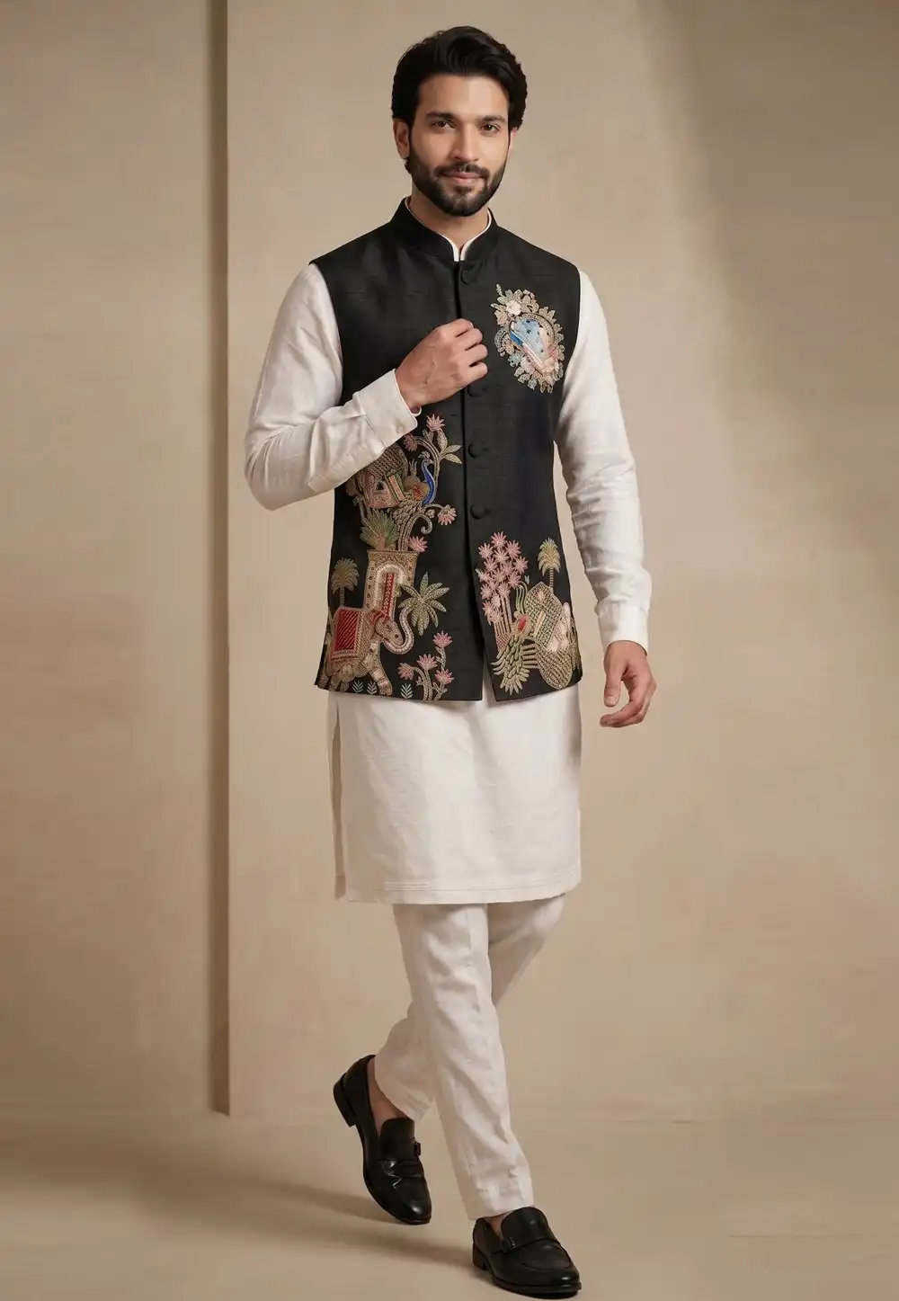 Off White Viscose Kurta Pajama With Jacket 329330