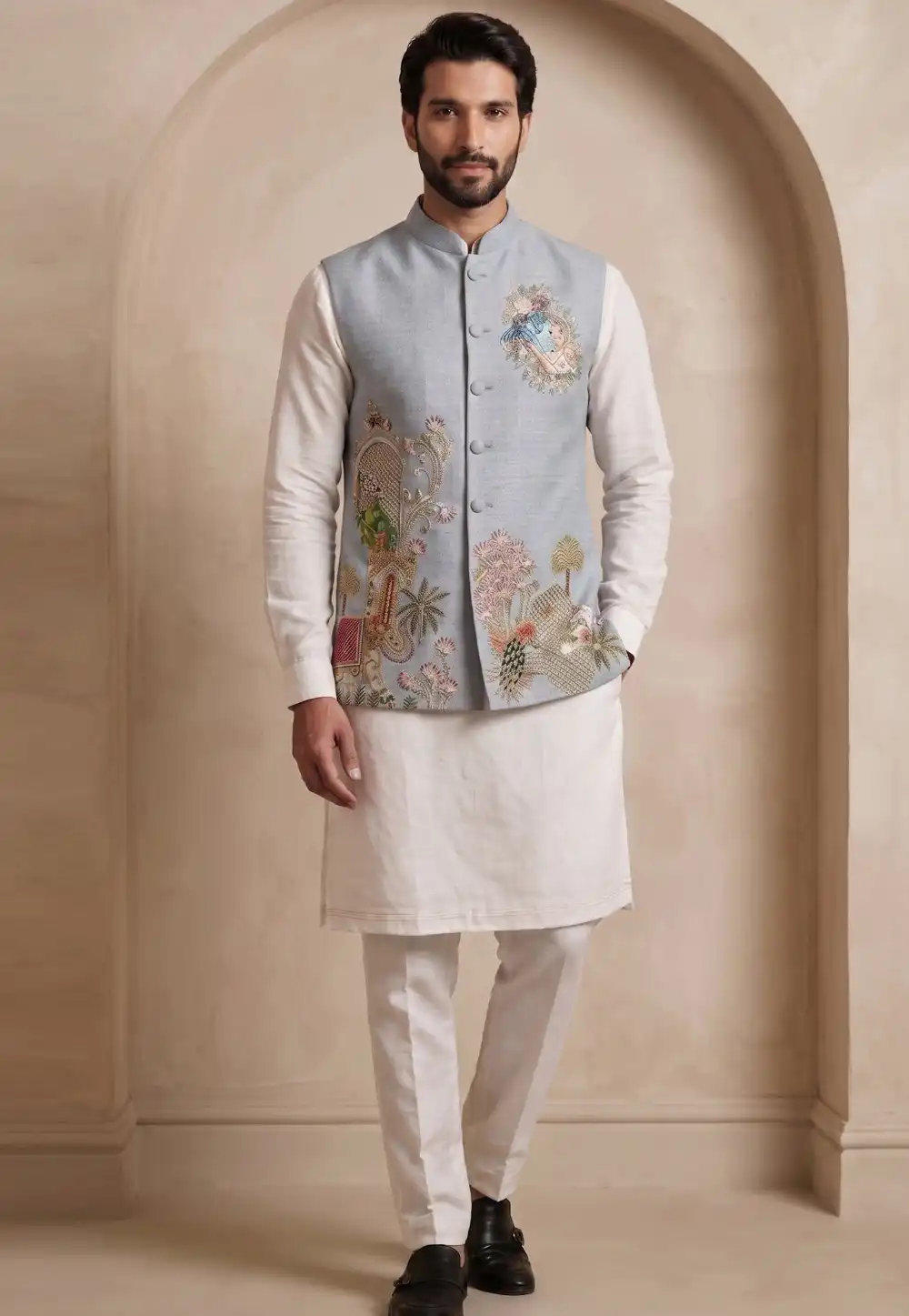 Off White Viscose Kurta Pajama With Jacket 329331