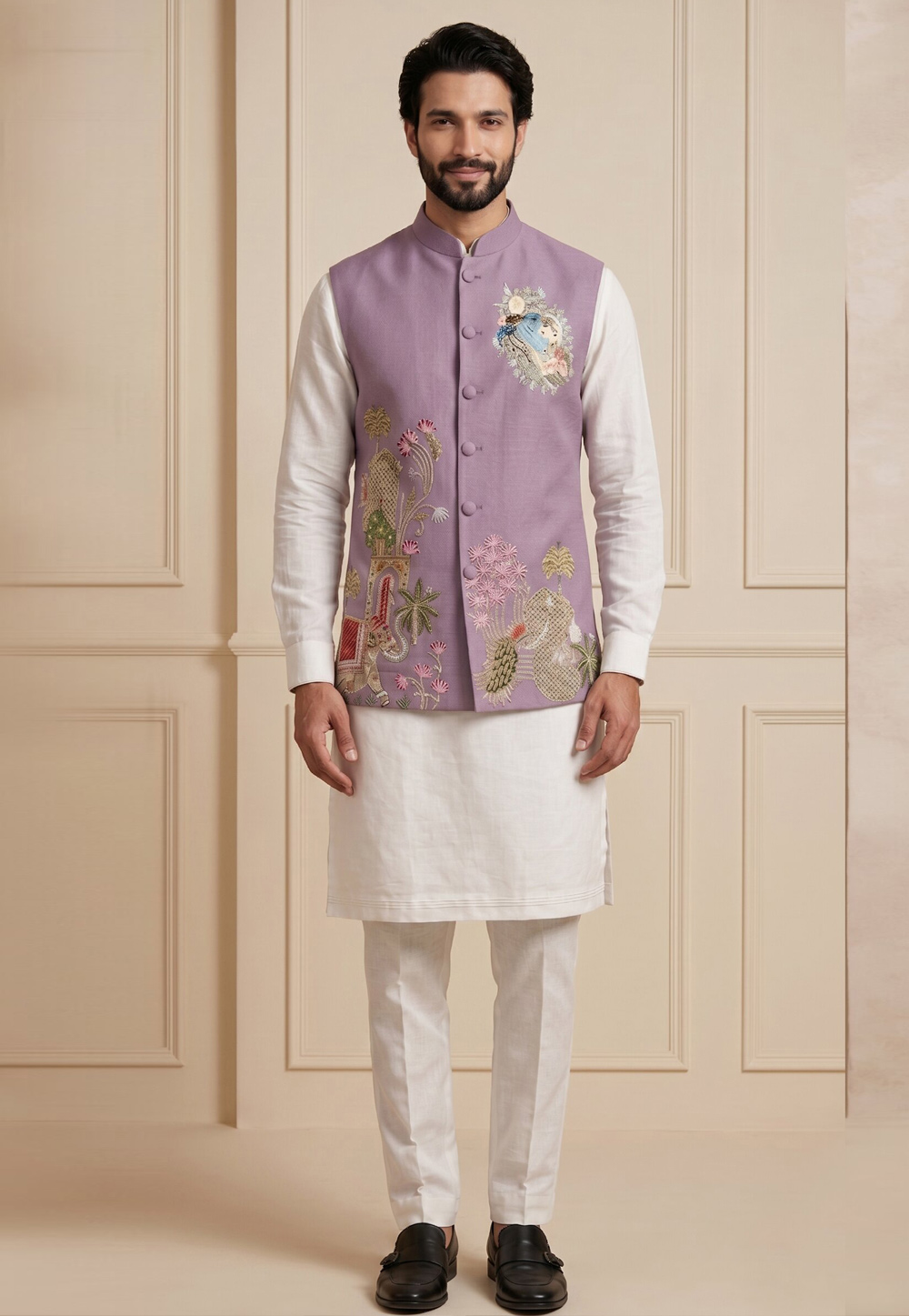 Off White Viscose Kurta Pajama With Jacket 329332