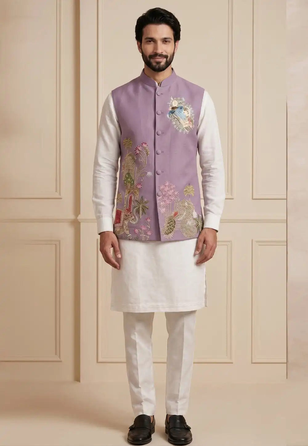 Off White Viscose Kurta Pajama With Jacket 329332