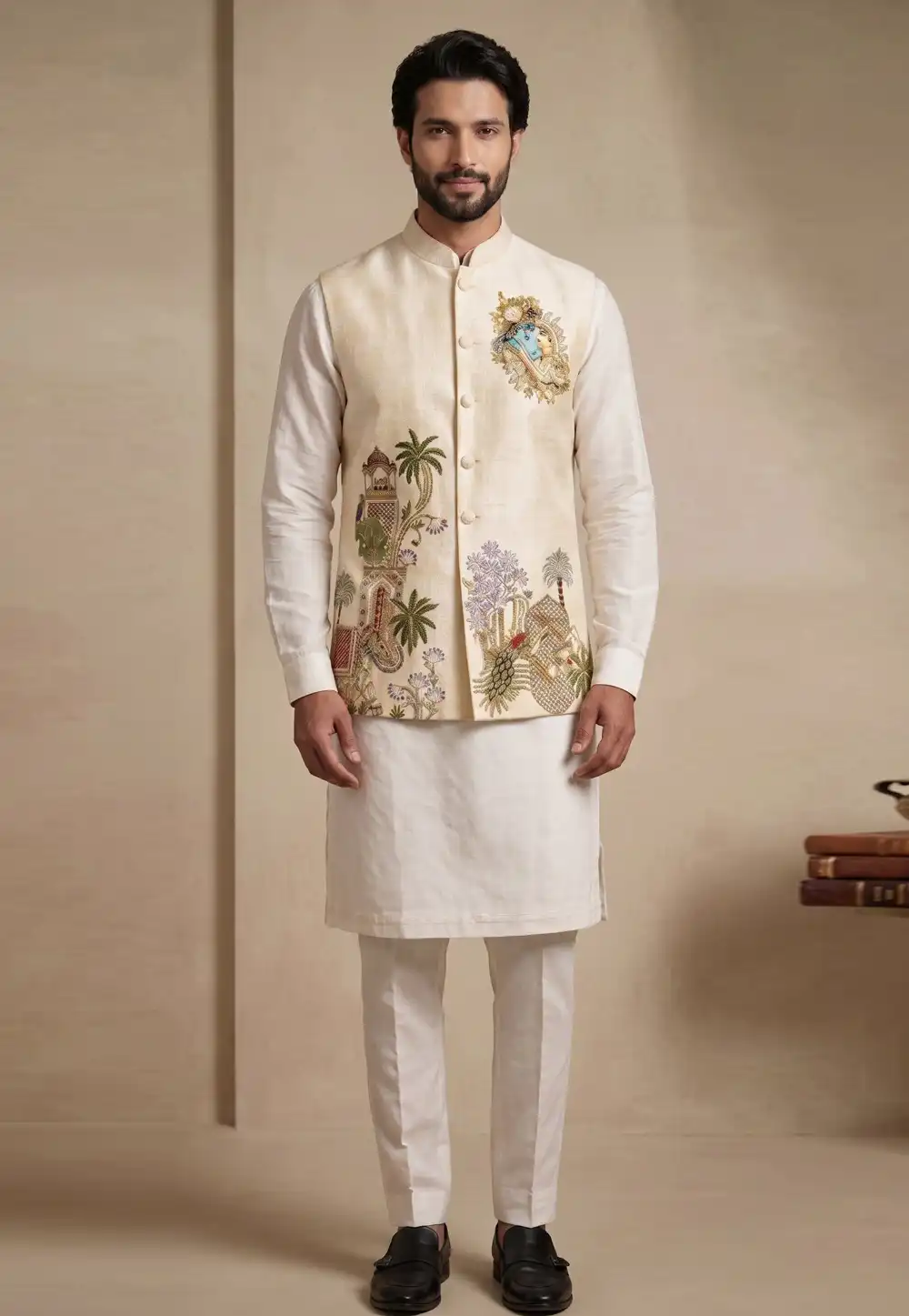 Off White Viscose Kurta Pajama With Jacket 329333
