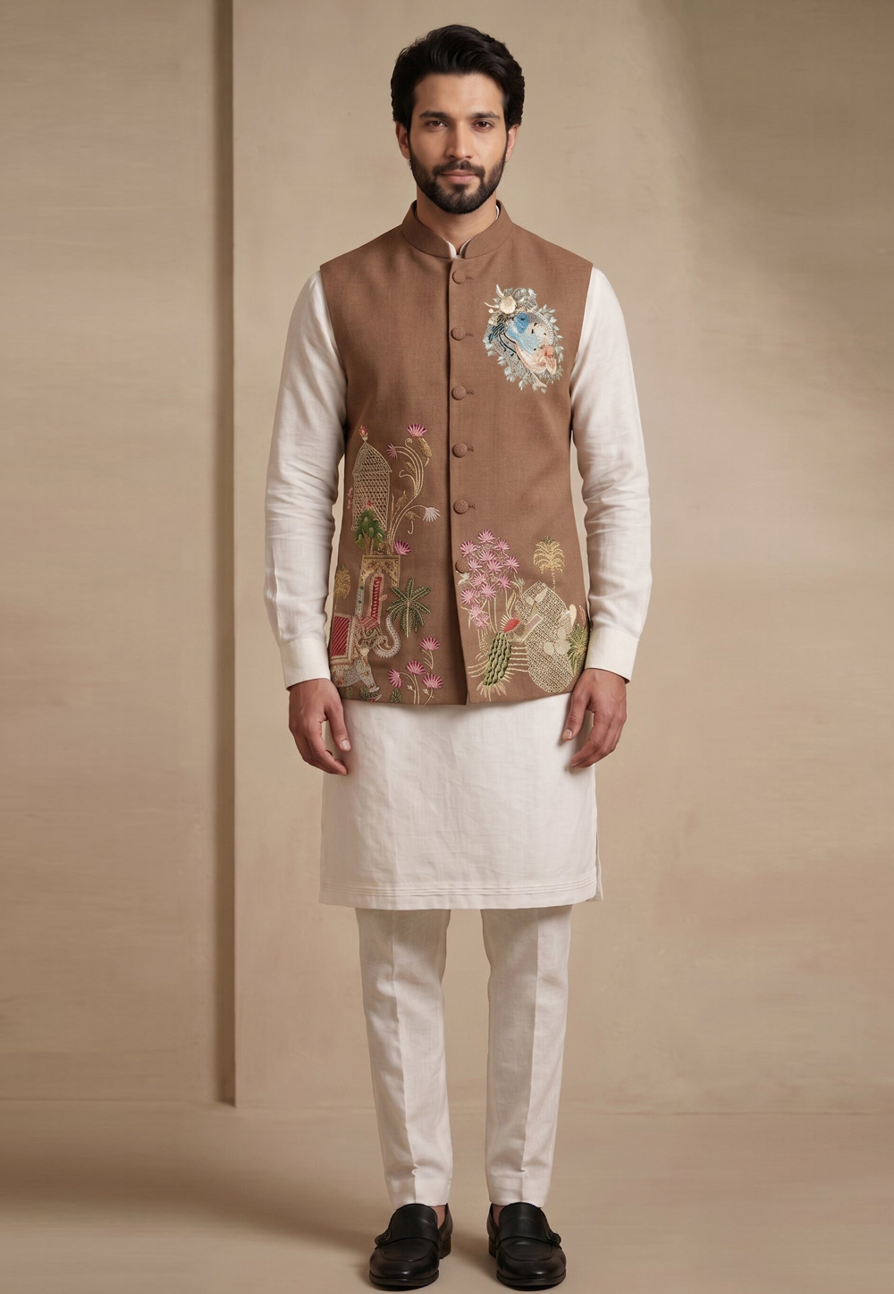 Off White Viscose Kurta Pajama With Jacket 329334