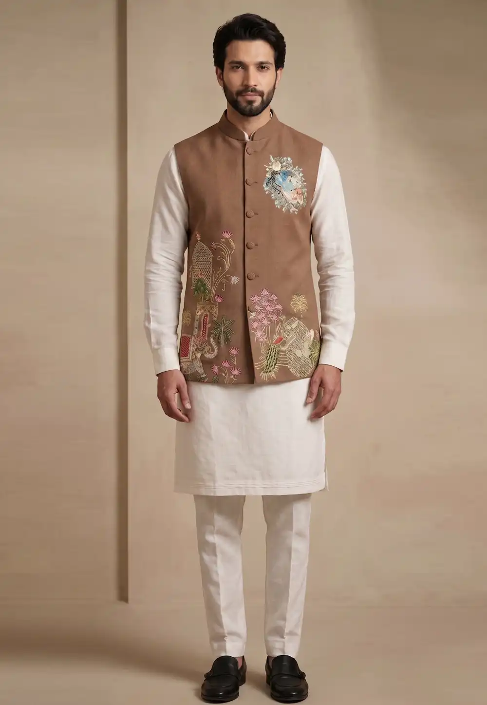 Off White Viscose Kurta Pajama With Jacket 329334