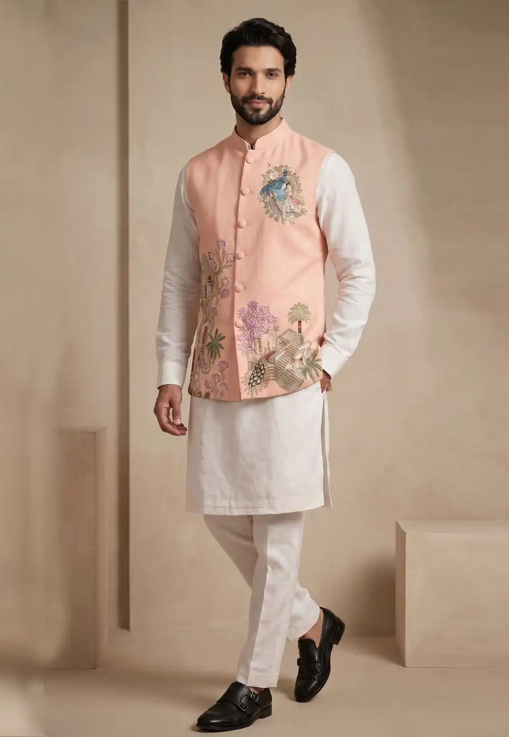Off White Viscose Kurta Pajama With Jacket 329335