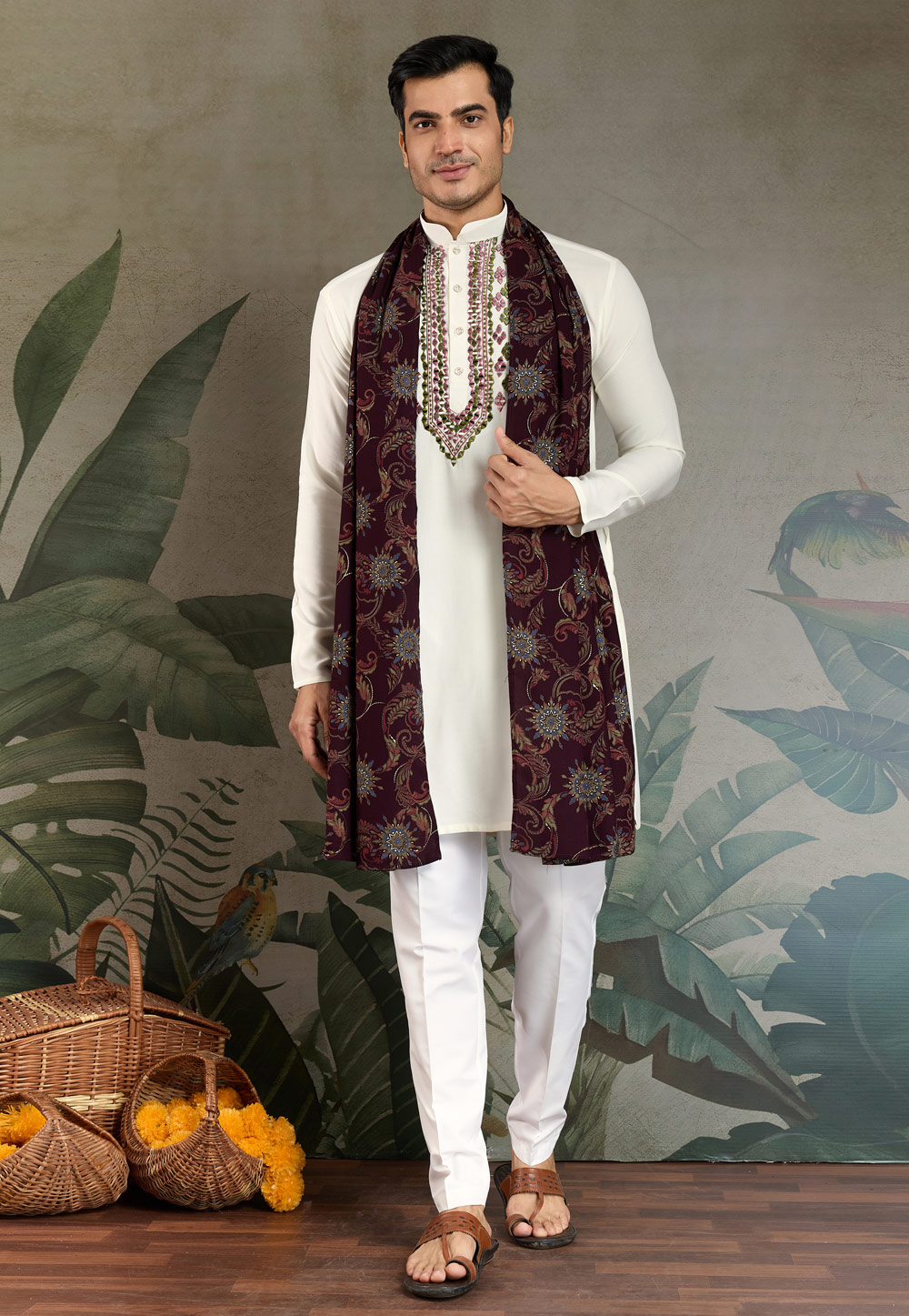 Off White Viscose Rayon Kurta Pajama With Stole 311418