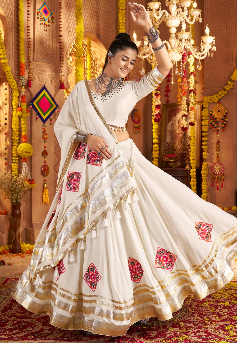 Off White Viscose Rayon Navratri Chaniya Choli 313009