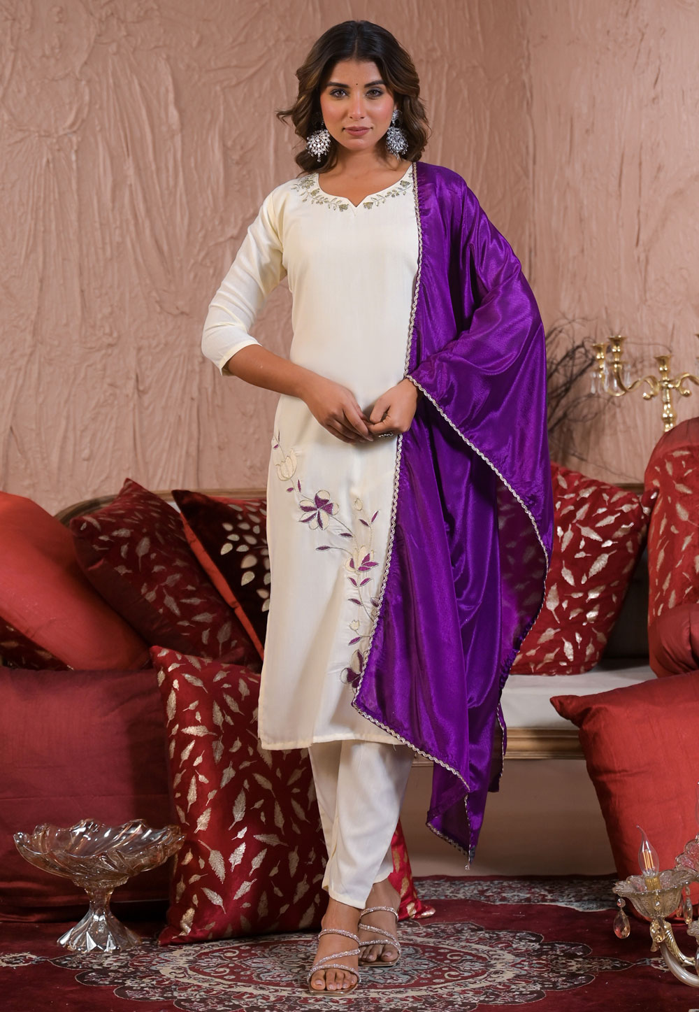 Off White Viscose Rayon Readymade Pant Style Suit 308040