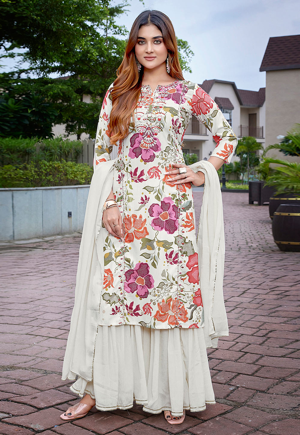 Off White Viscose Readymade Sharara Suit 308397