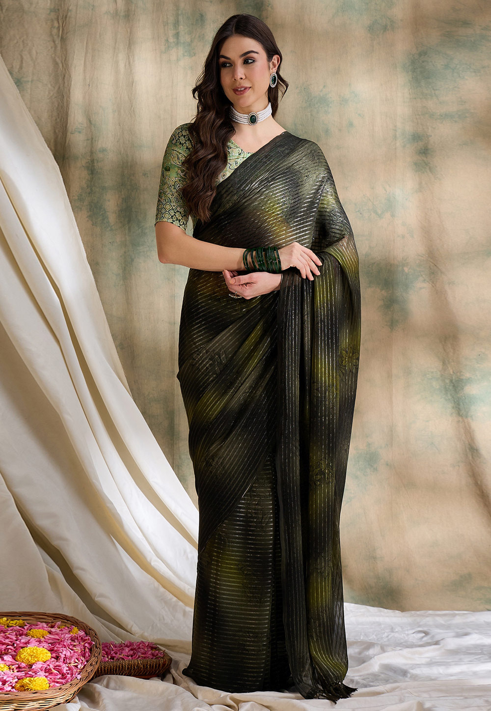 Olive Green Chiffon Saree With Blouse 320298