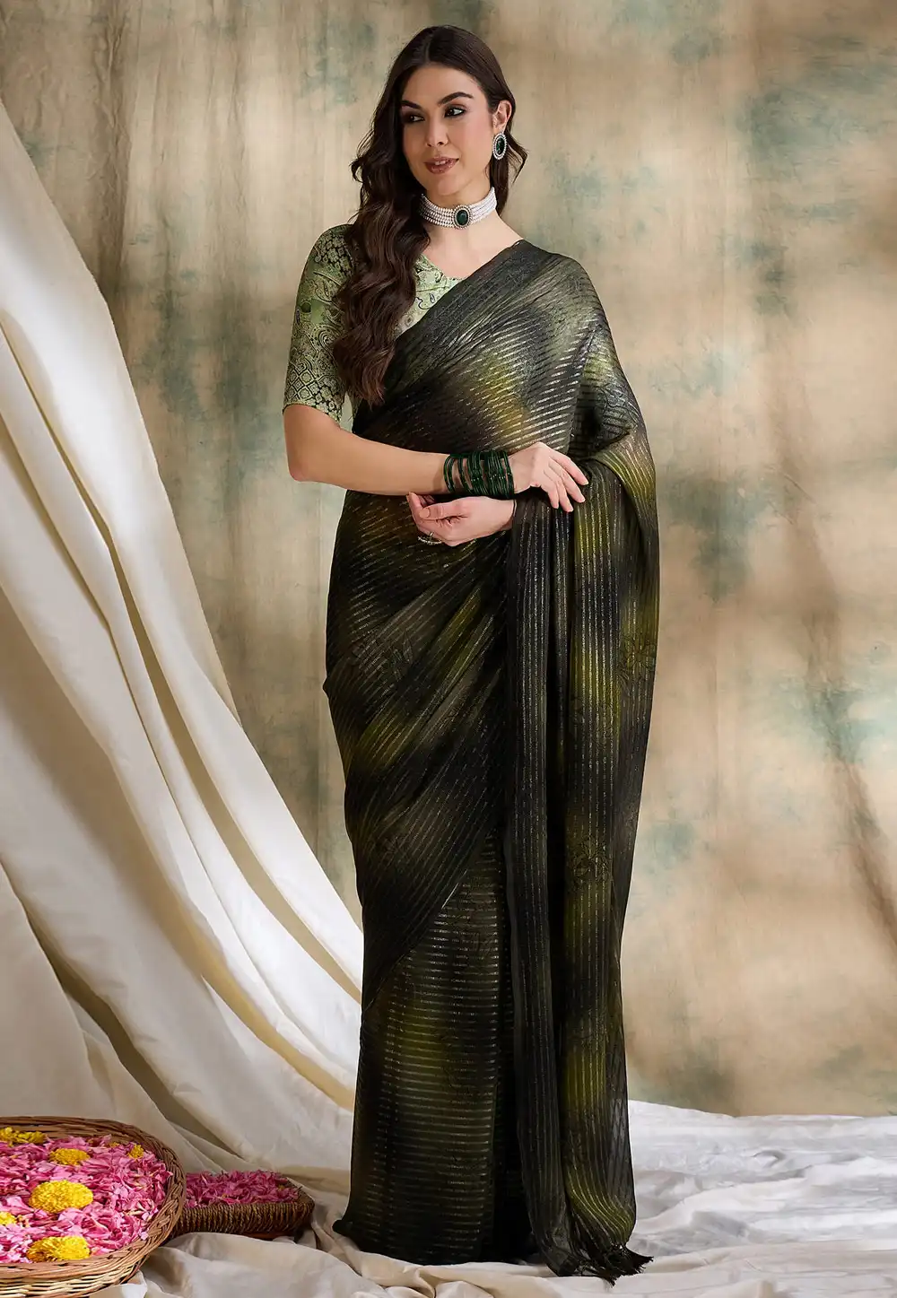 Olive Green Chiffon Saree With Blouse 320298