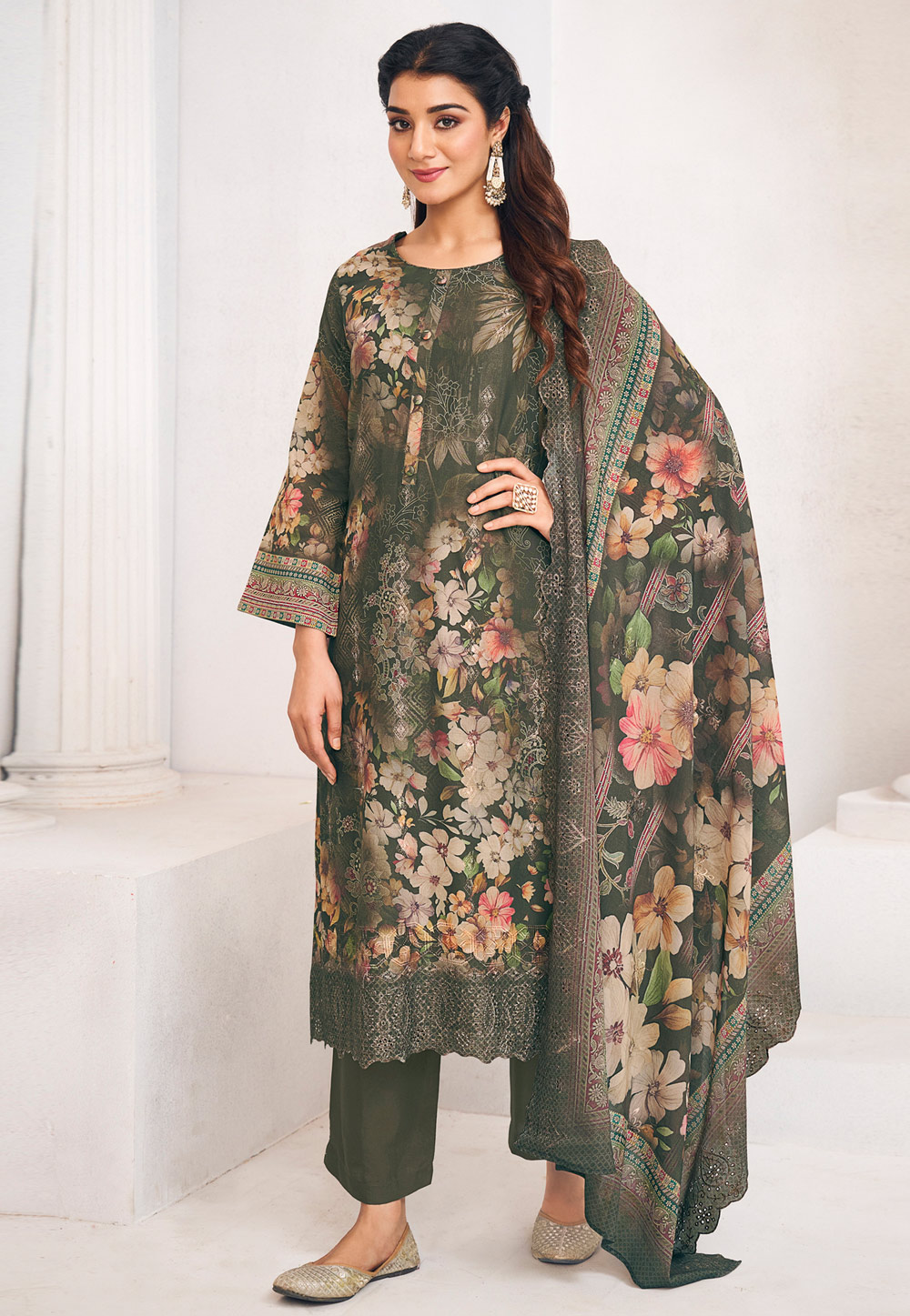 Olive Green Cotton Pant Style Suit 322571