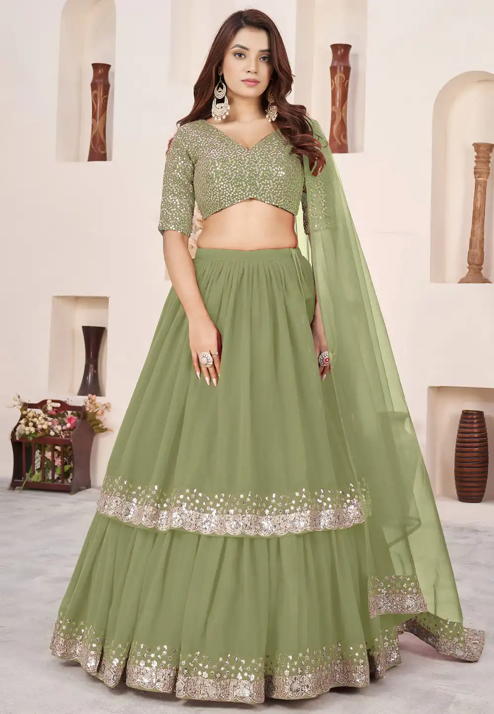 Olive Green Georgette Layered Lehenga Choli 323086